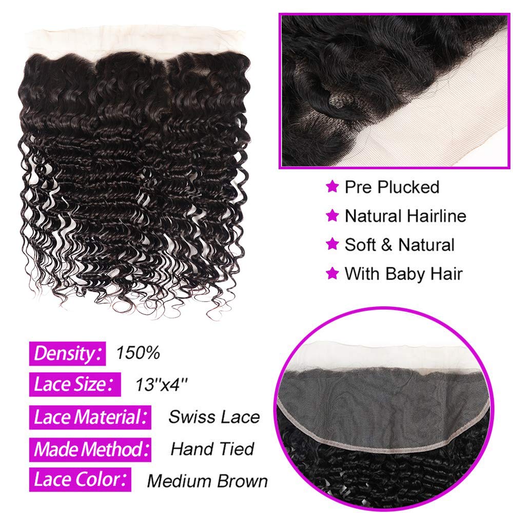 Brazilian 8A Deep Wave 3 Bundles With Frontal Virgin Human Hair Bundles With 13X4 Free Part Lace Frontal Unprocessed Virgin Huma