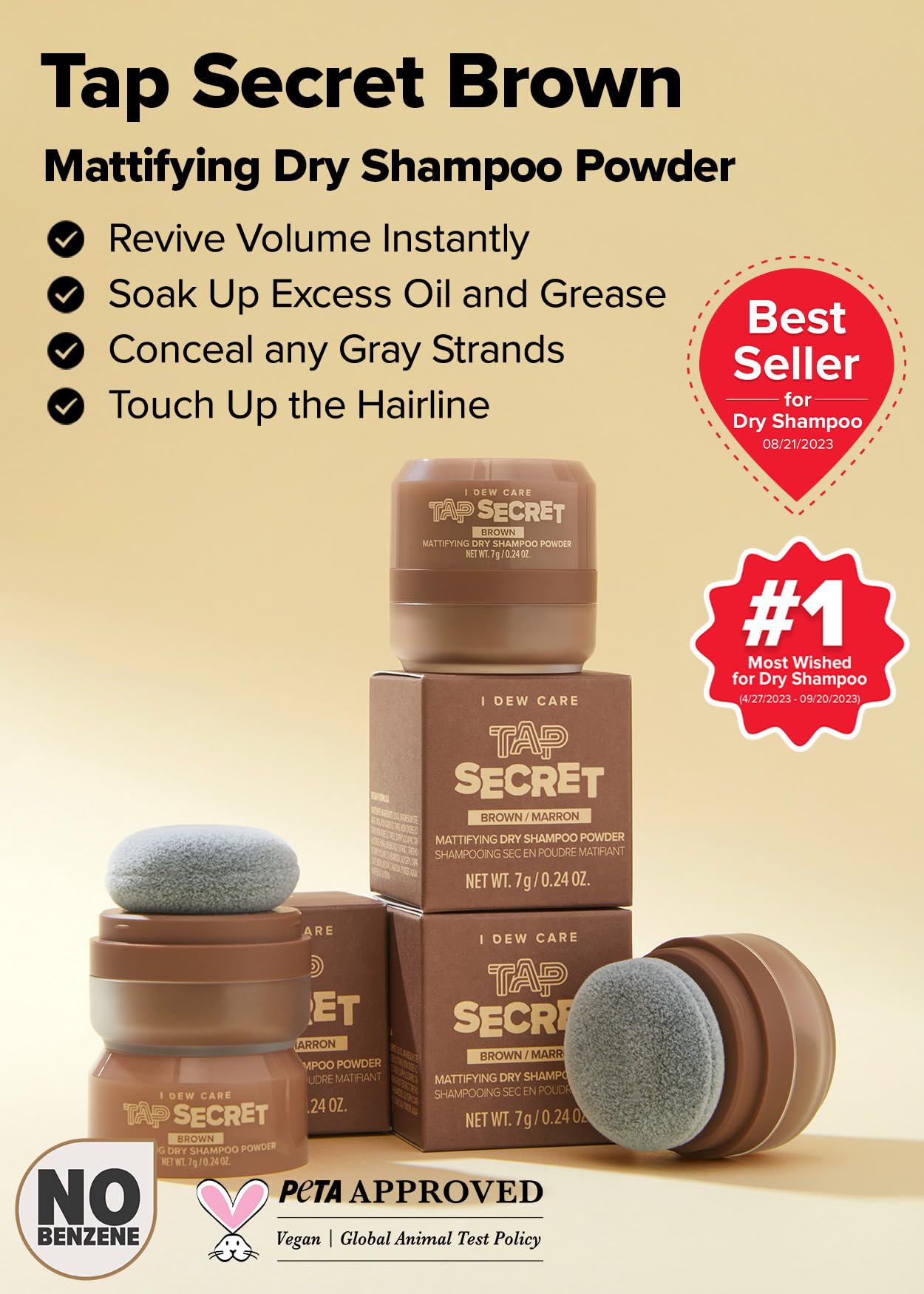 I Dew Care Dry Shampoo Powder - Tap Secret Brown | With Betaine, Black Ginseng, Non-Aerosol, Benzene-Free, Mattifying Root Boost