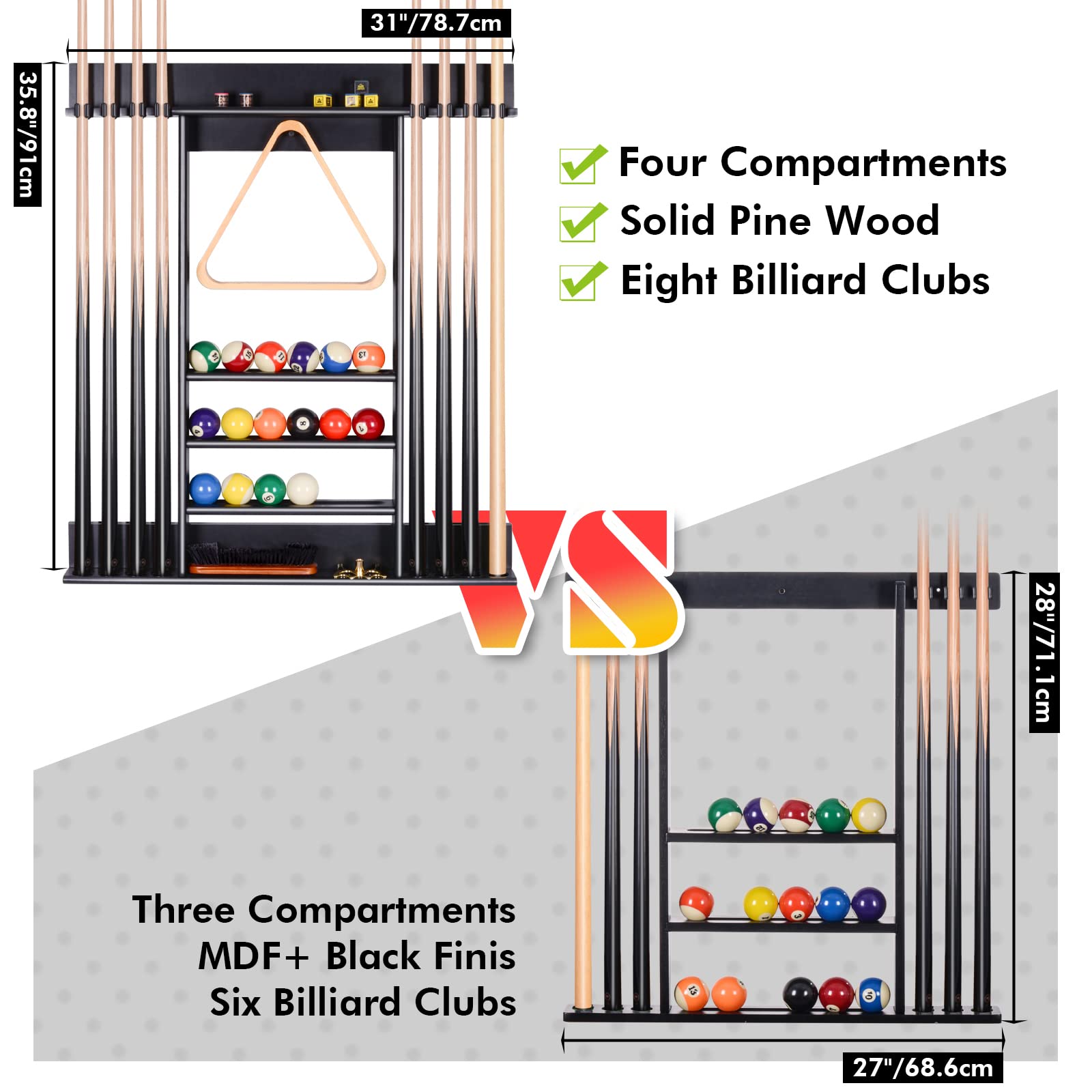 XcSOURcE Pool Stick Holder, Pool cue Rack Wall Mount, 8 Pool cue Holder Wall Billiard cue Rack, Made of 100 Solid Pine Wood, Poo