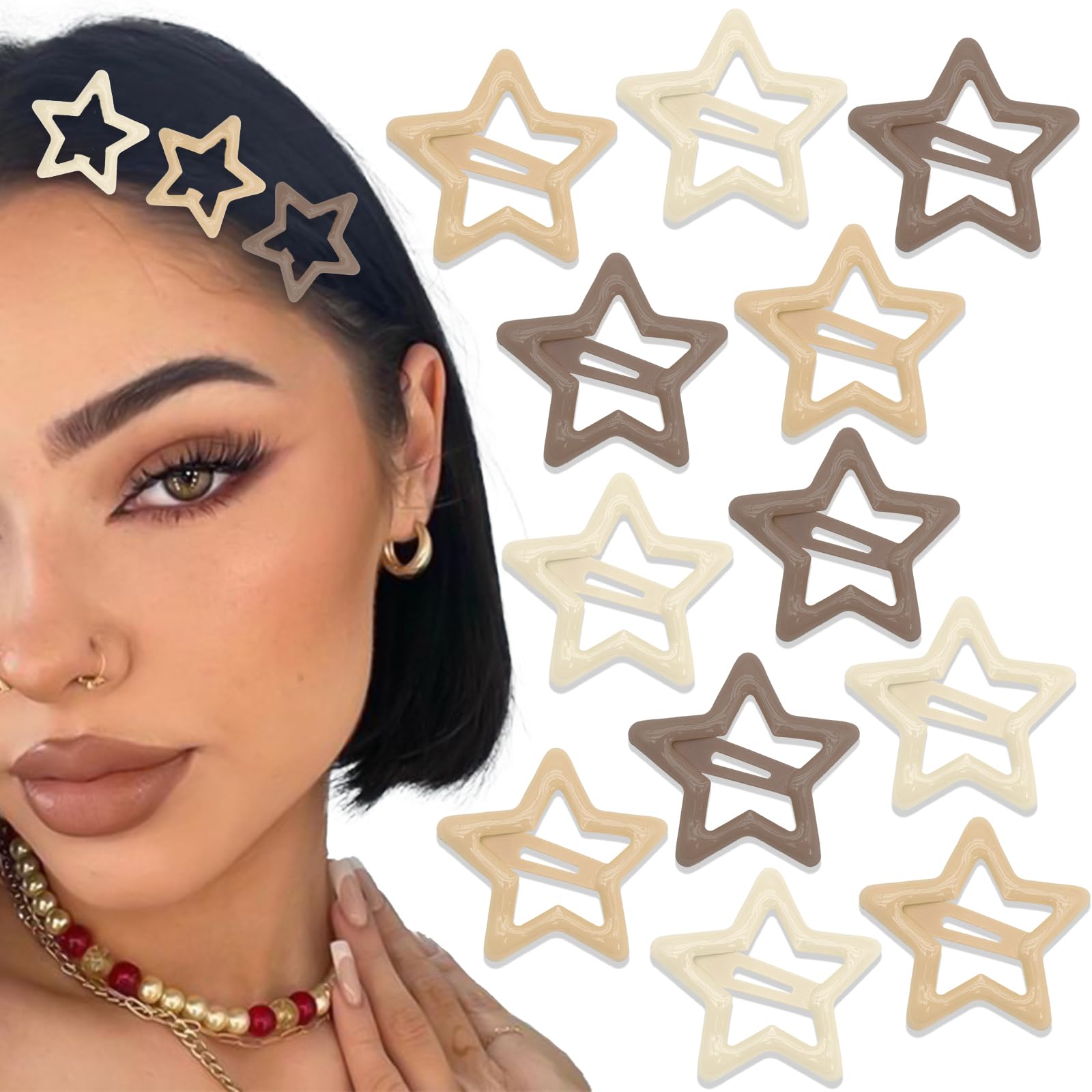 NAISKA Brown Star Non Slip Snap Hair Barrettes & Hair Pins for Cute Hair Decoration (12PCS)