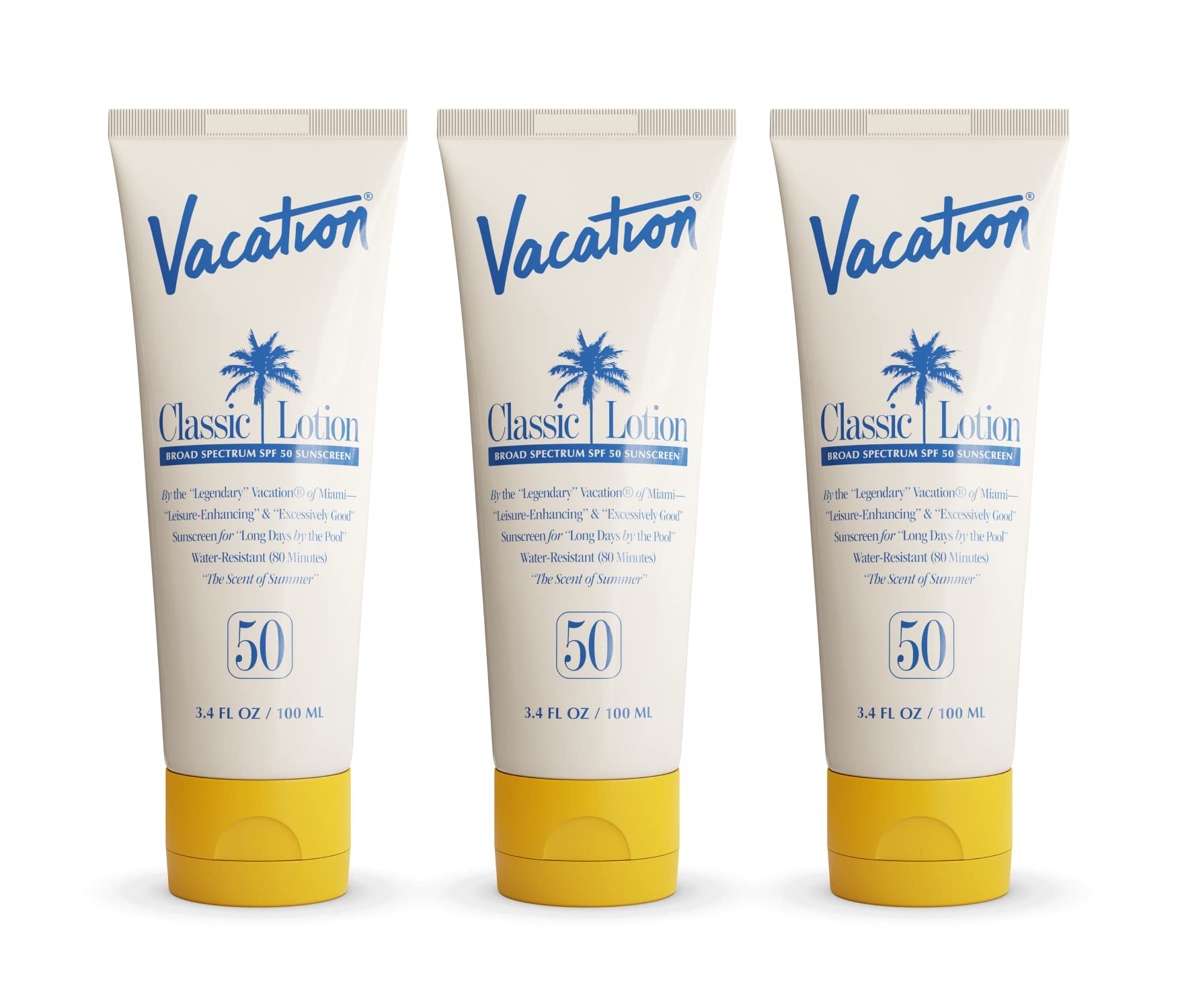 Vacation Classic Sunscreen Lotion Spf 50 3-Pack, Water Resistant Broad Spectrum Sunscreen Sun Block, Vegan Sun Tanning Lotion, B