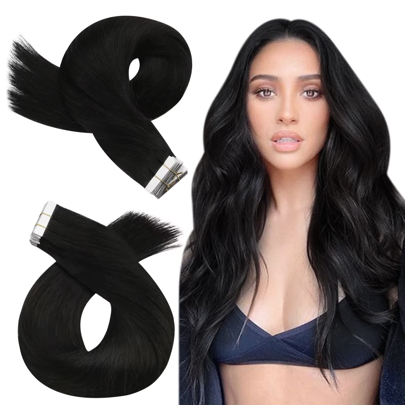 Moresoo Tape In Black Hair Extensions Glue On Straight Human Hair 14 Inch Remy Tape In Hair Extensions 20Pcs 1B Off Black Soft T