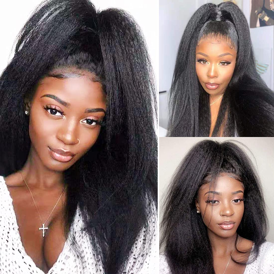 Kinky Straight Ponytail Human Hair With Wrap Around Magic Tape, Brazilian Hair Clip In Extensions Wavy Yaki Pony Natrual Black (