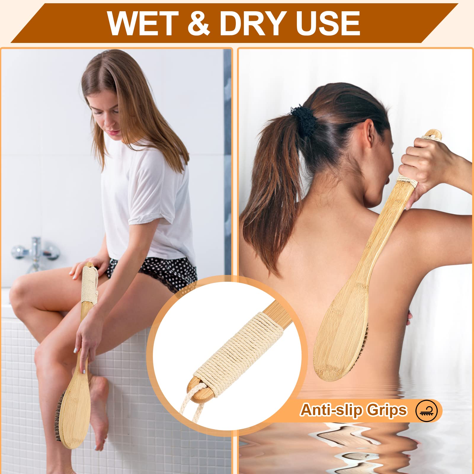 eaxun Exfoliating Back Scrubber - 16.7" Bamboo Body Brush with Natural Bristles for Wet/Dry Use, Ideal Bath Tool for Men & Women
