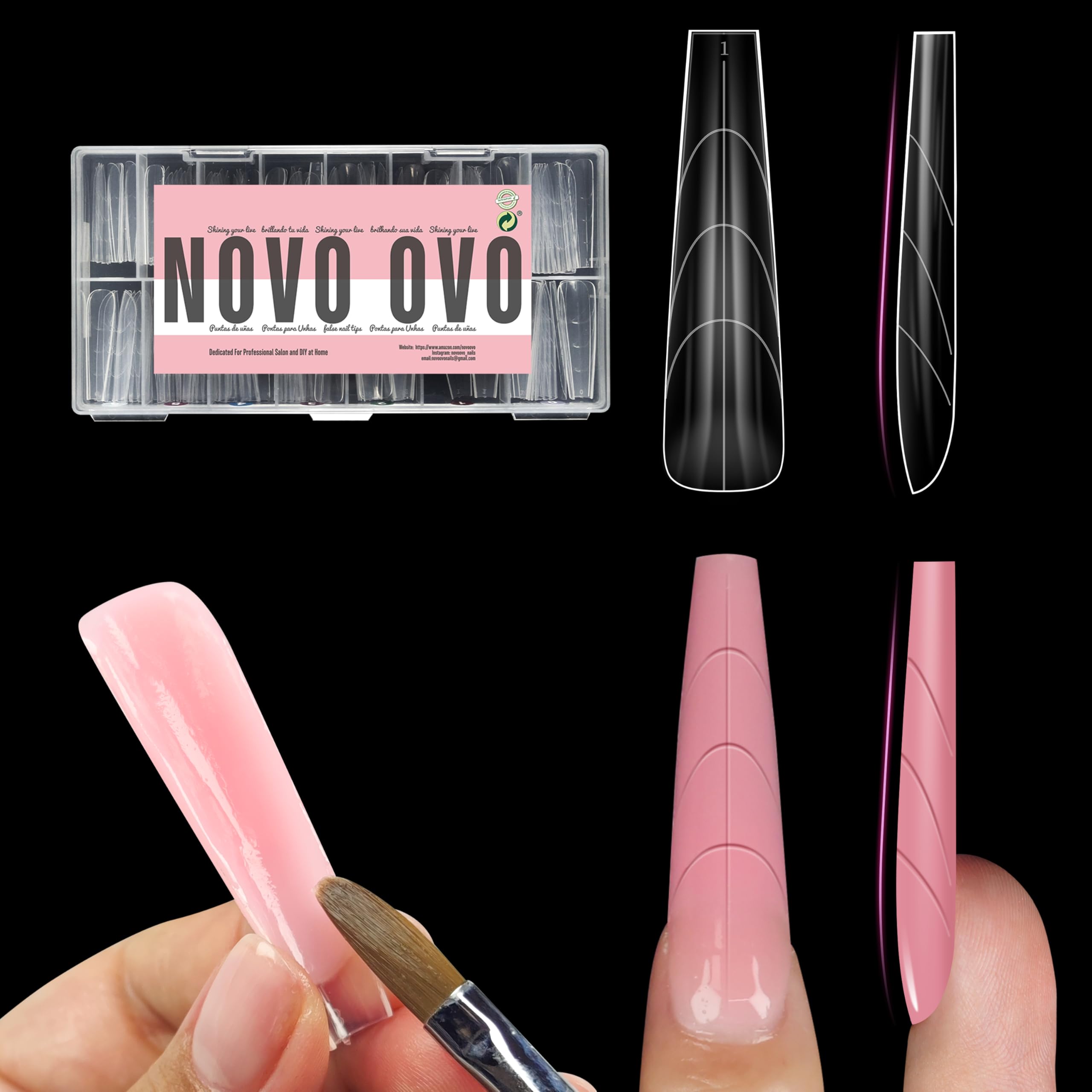 NOVO OVO Tapered Square (Natural not Sculpted) Nail Dual Forms for Poly Gel Extension with Guiding Line Inside, XL XXL Reusable 