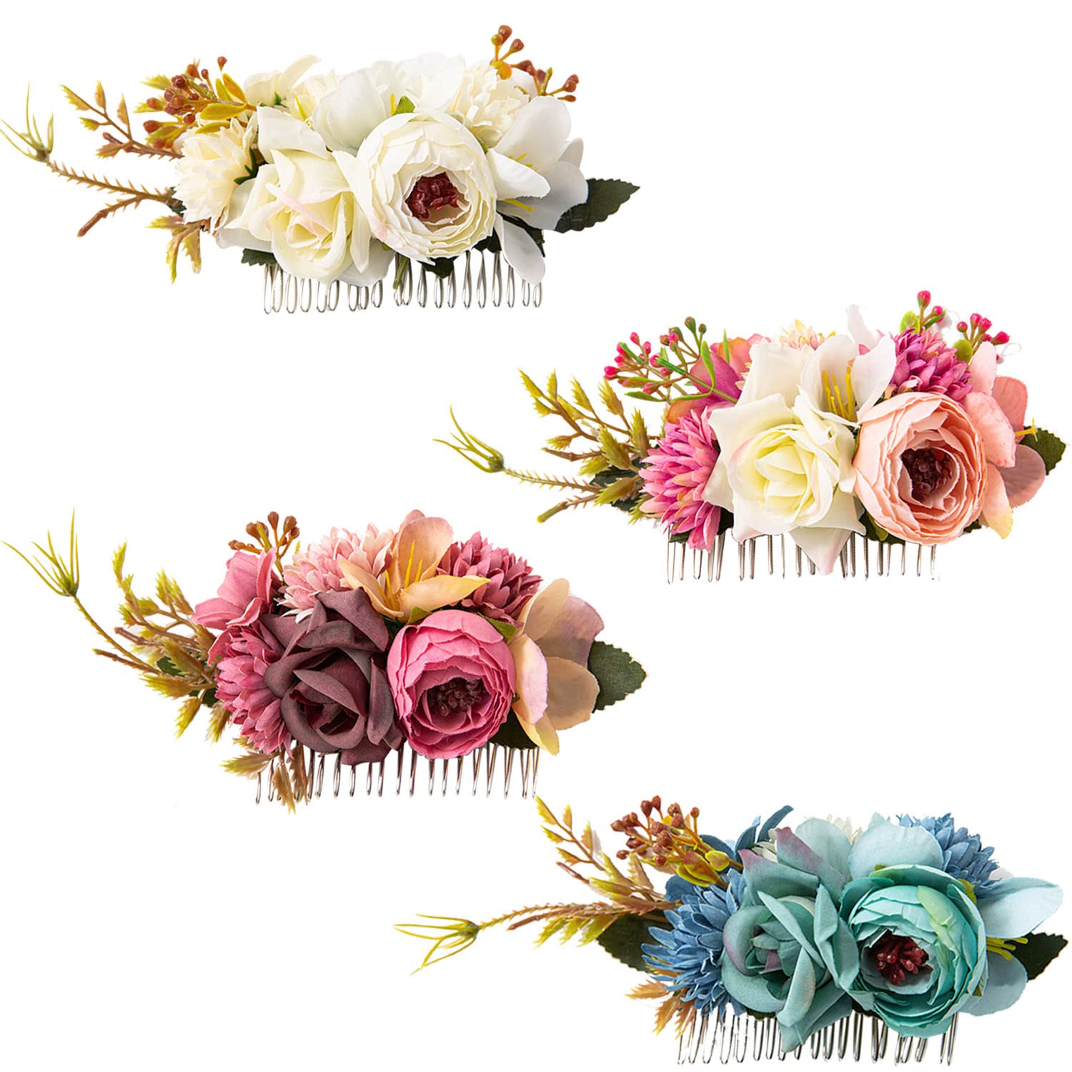 Cinaci 4 Pack Large Artificial Flower Metal Hair Side Combs Floral Slide Hair Clips Wedding Bridal Headpieces Hairpins Barrettes