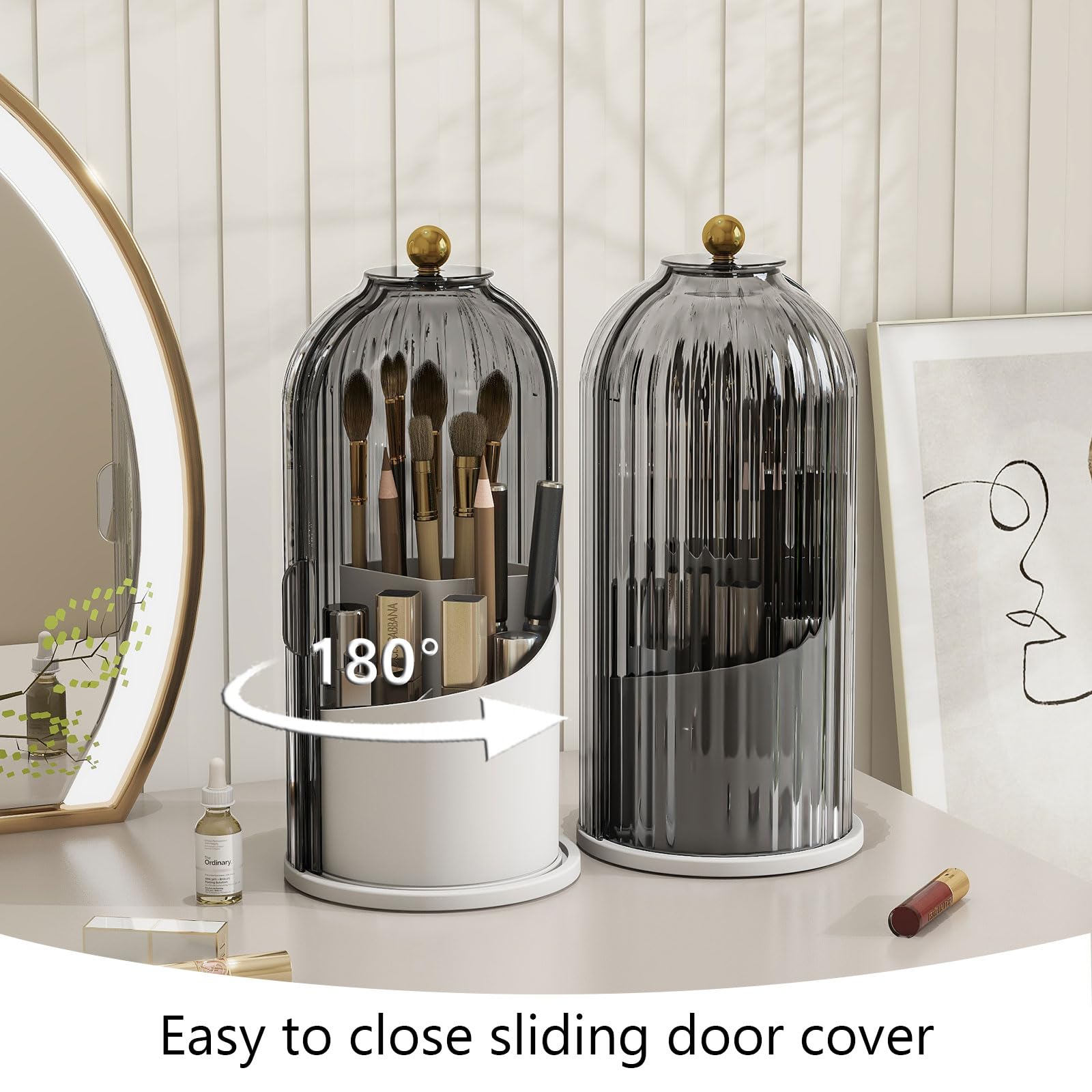 Emljkvp Makeup Brush Holder With Dustproof Cover 360 Rotating Makeup Brush Organizer For Vanity Bathroom, Grey