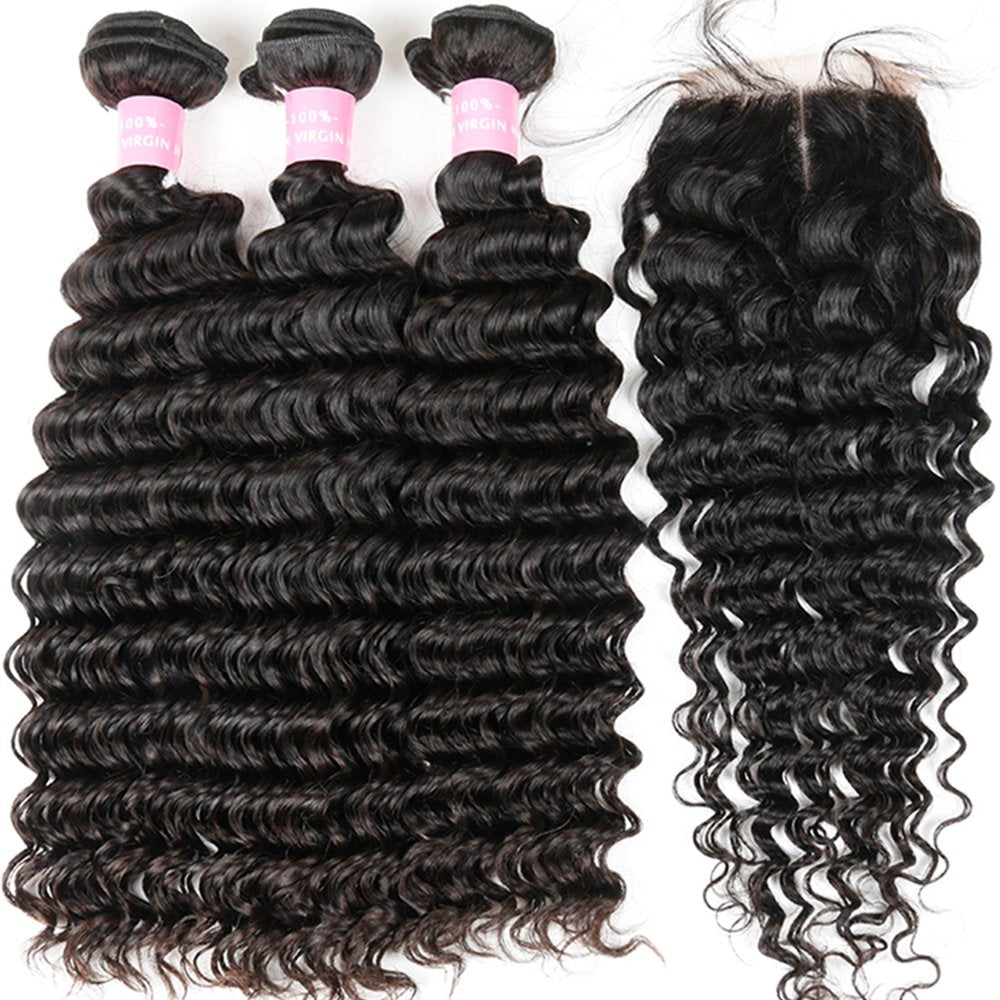 Brazilian Deep Wave 9A Unprocessed Virgin Hair 3 Bundles With Middle Part Lace Closure 4  4 Lace Mixed Length Hair Bundles Natur