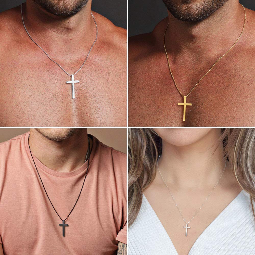 M MOOHAM Stainless Steel Cross Pendant Necklaces for Men Pendant Chain 30 Inch Black, Fathers Day Christian Gifts for Men Dad Hu