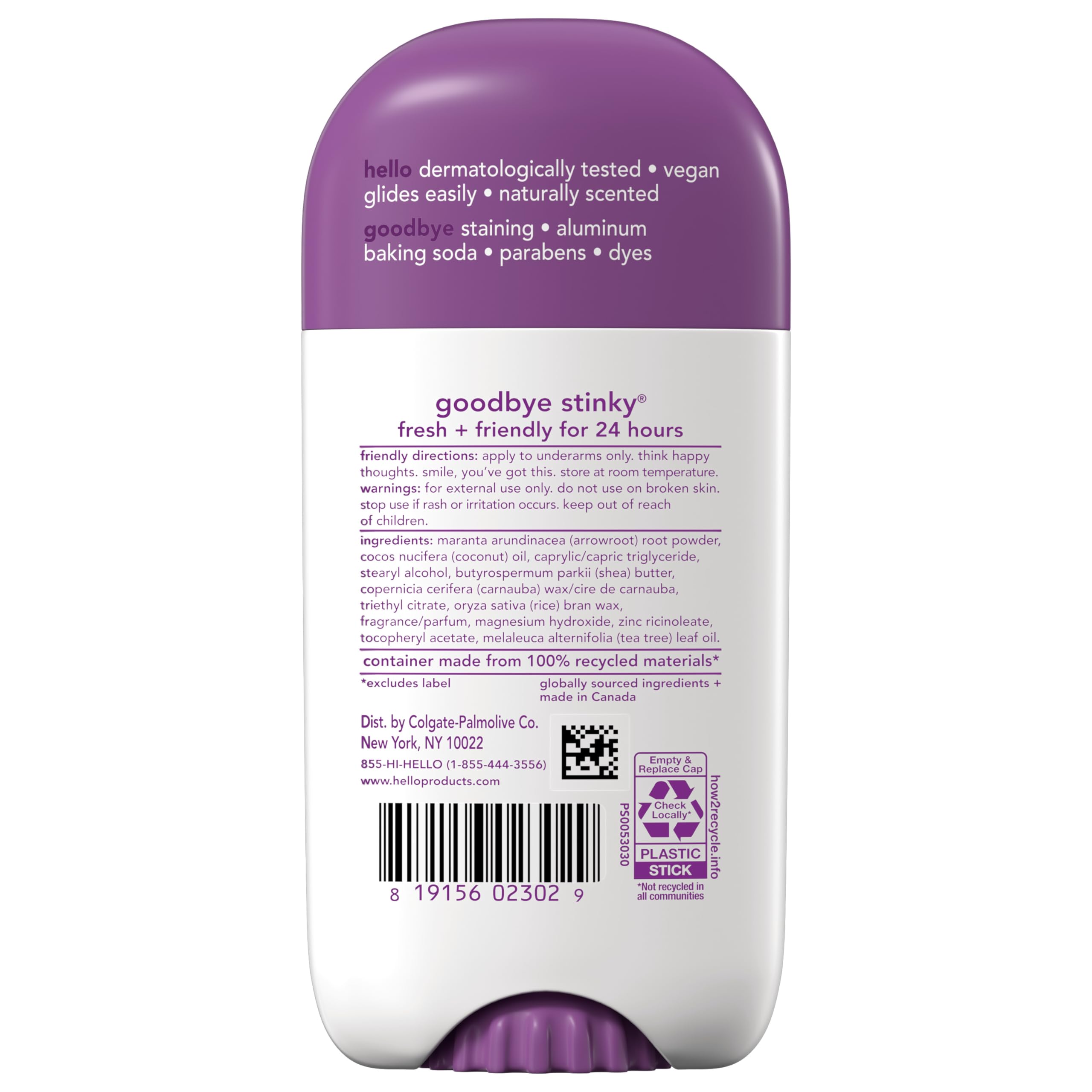 hello Lavender Vanilla Aluminum Free Deodorant with Shea Butter for Women + Men, Baking Soda Free, 24 Hour Odor Protection, 2.6