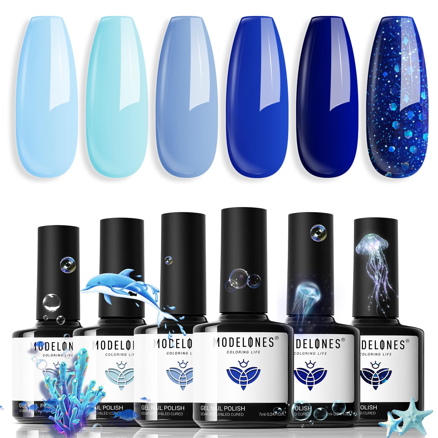 modelones Blue Gel Nail Polish Set 6 Colors, Royal Blue Sky Blue Glitter Navy Blue Nail Gel Polish Kit Light to Dark Shades Soak