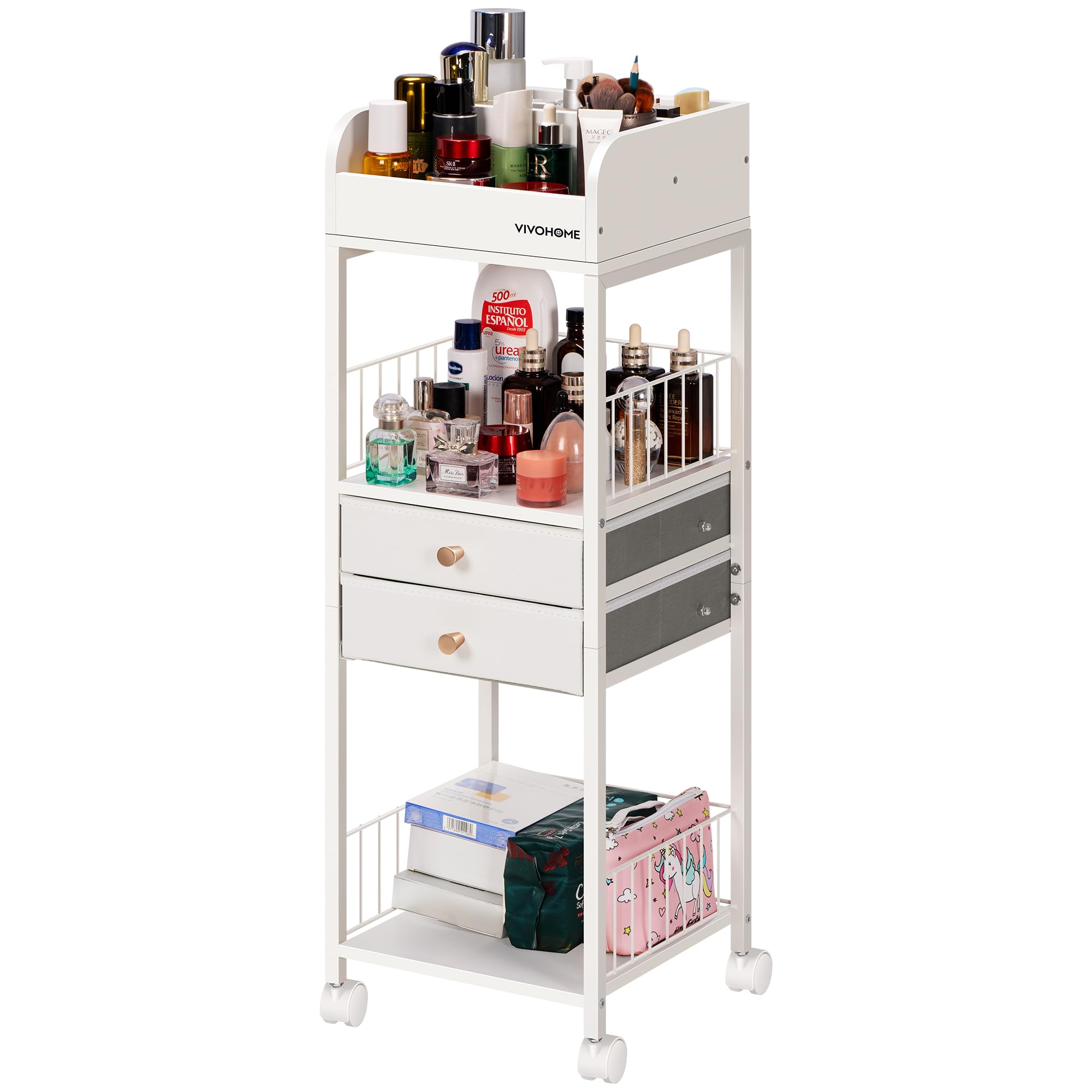 VIVOHOME Makeup Organizer with Drawers, Cosmetics Display Cases, 2 Shelves Floor Skincare Organizer Cart, Vanity Organizer Holde