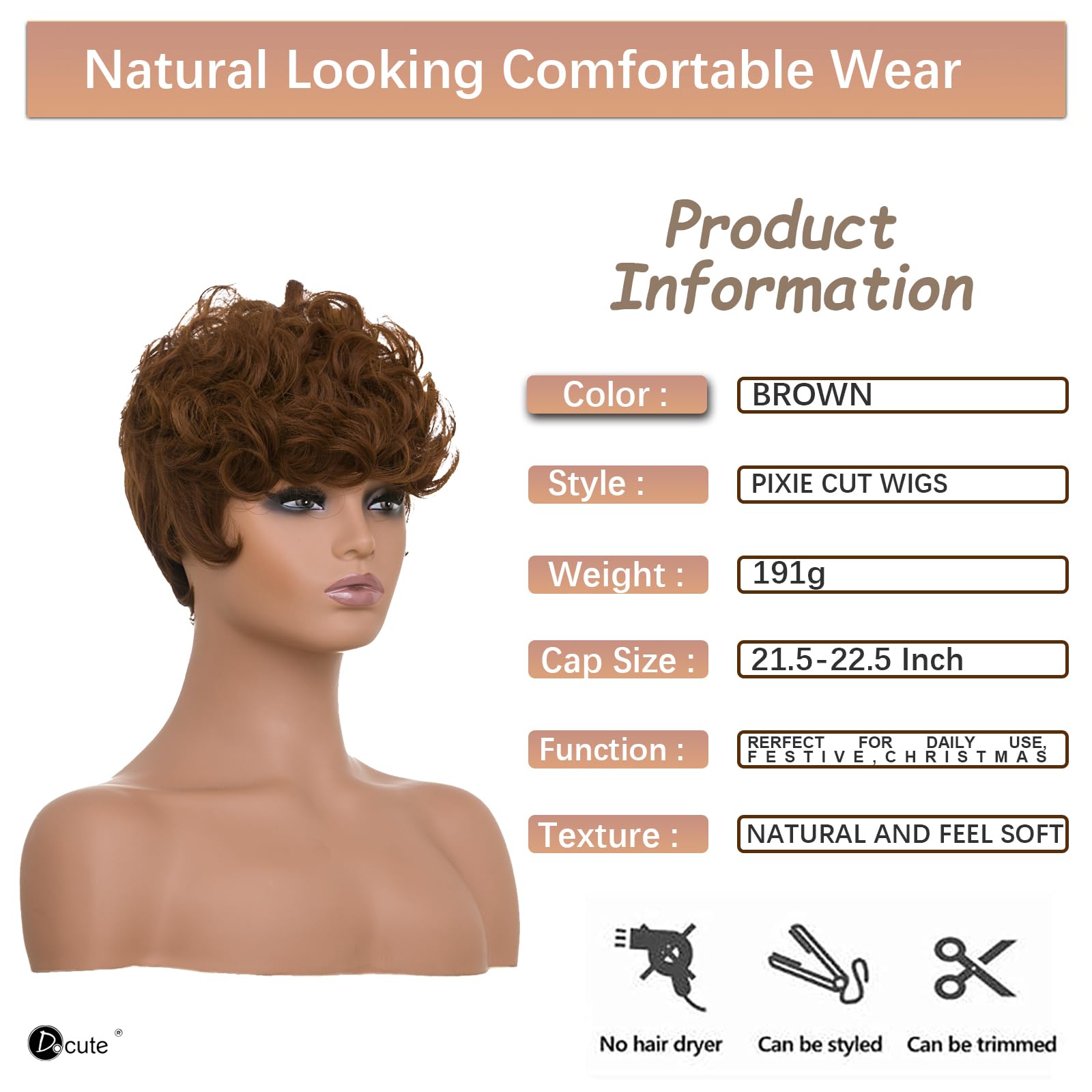 Docute Brown Short Pixie Wigs For Black Women Daily Replacement Wig Brown Pixie Cut Wig With Bangs Short Curly Wigs For Black Wo