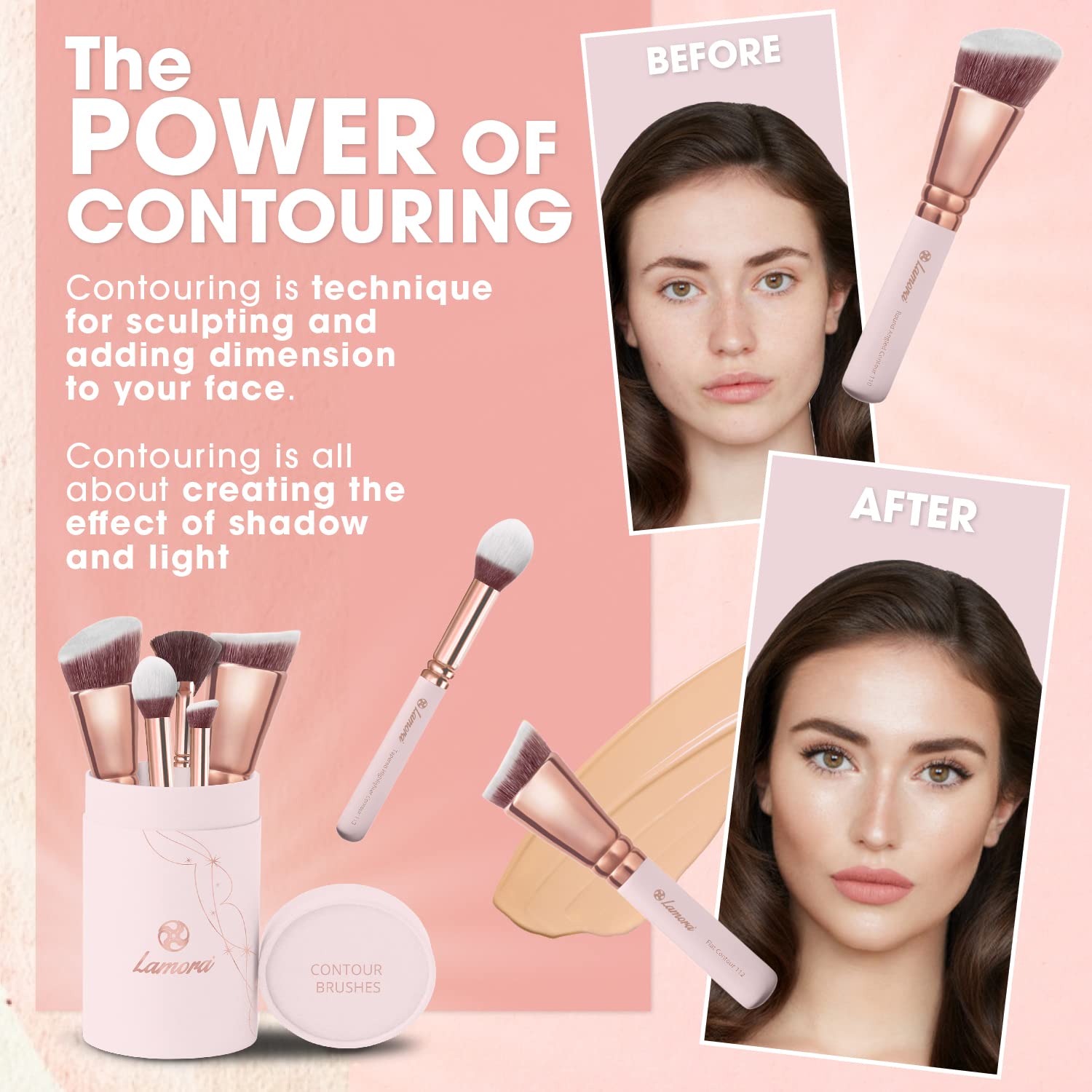 Pro Face Contour Brush Set - Synthetic Contouring Sculpting And Highlighting Kit - Cream Blush Powder Flat Nose Cheek Round Smal