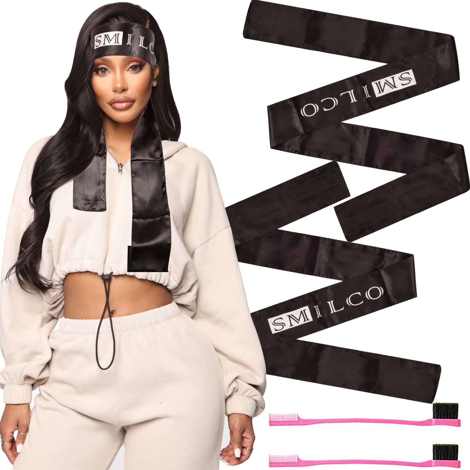 Edge Scarf & 2 Pcs Edge Brush, Satin Edge Laying Scarf for Women Lace Frontal Wigs, Edge Control Brush for Baby Natural Hair, Ed