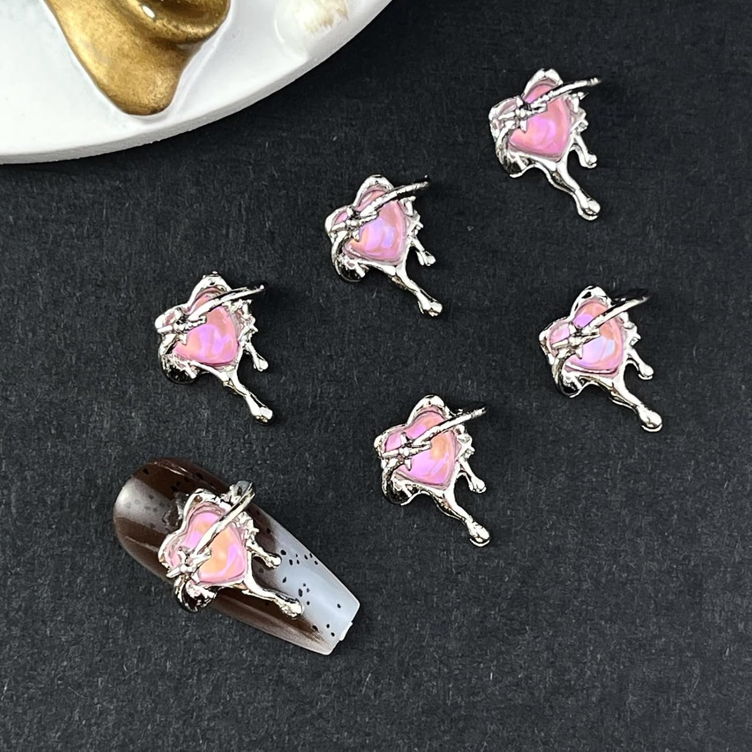 Valentine's Day Nail Charms 3D Alloy Heart Nail Art Jewelry Charms 10Pcs Pink Love Heart Designs Nail Rhinestones Gems Hearts Cr