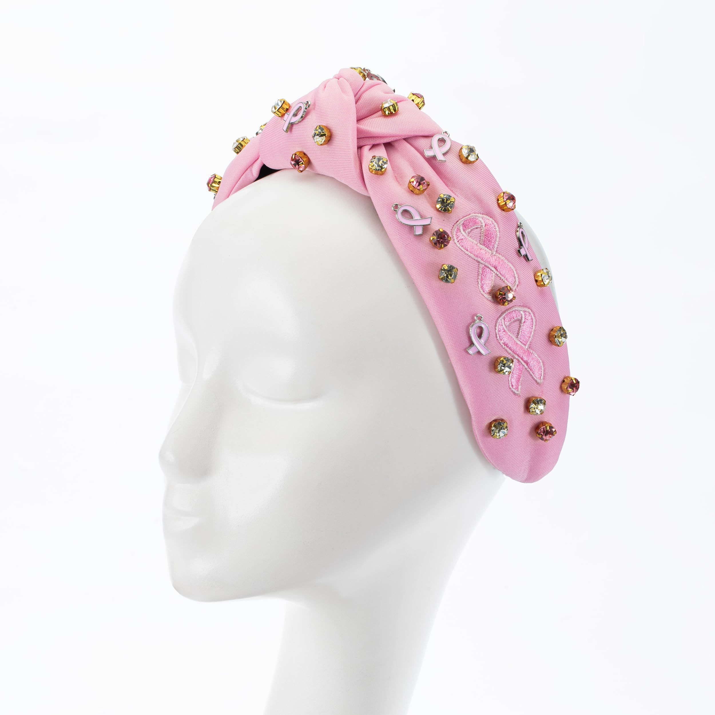 Mixcbe Holiday Pink Ribbon Headband for Women Rhinestone Breast Cancer Awareness Pink Ribbon Fright Embroidered Knot Wide Headba