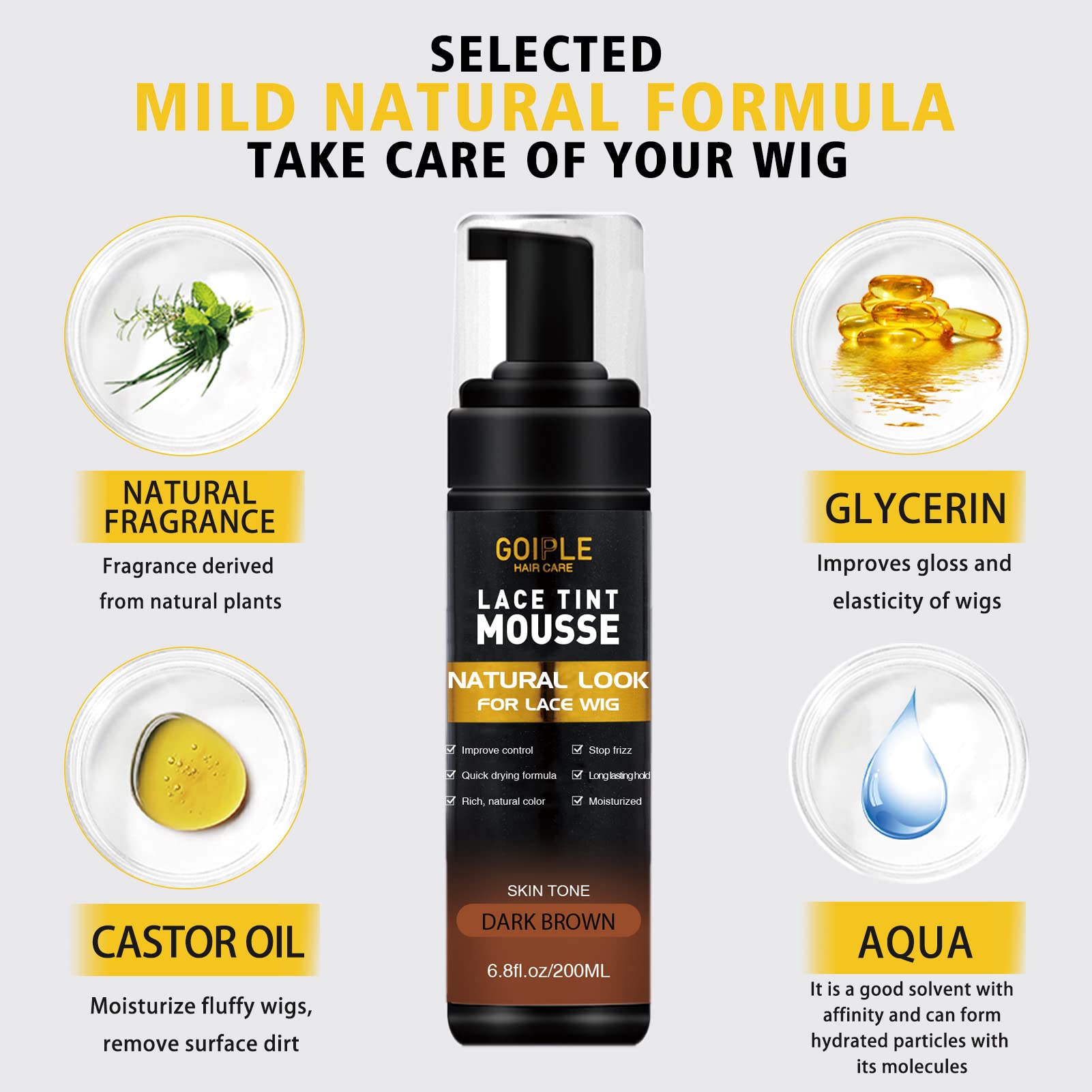 Goiple Lace Tint Melting Hair Mousse - Dark Brown, 6.8 fl oz - Natural Finishing Color for Wigs and Hairpieces