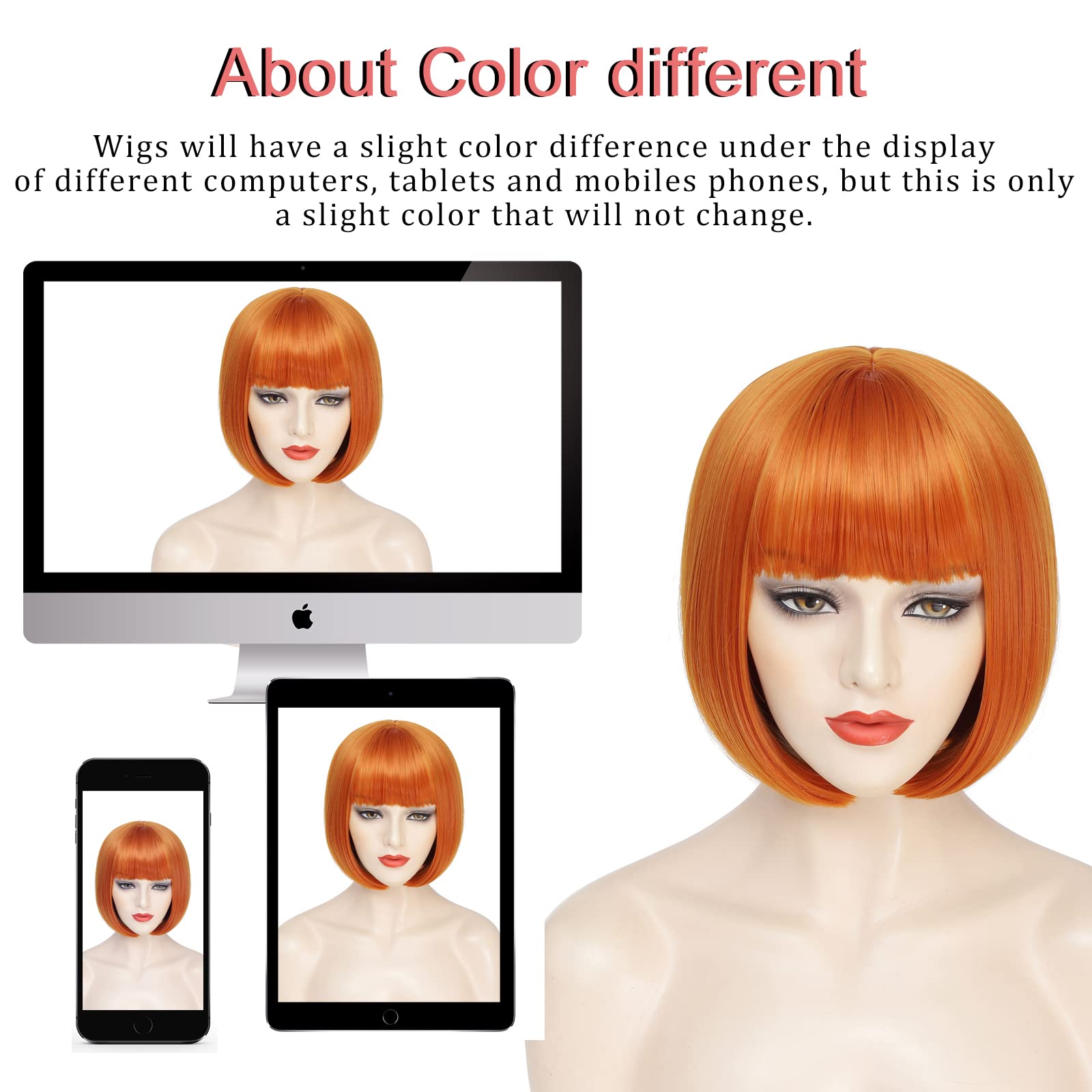 Ybymcai Orange Bob Wig For Women Short Ginger Bob Wig With Bangs Straight Bob Bangs Wig 10 Inch Heat Resistant Synthetic Hair Na