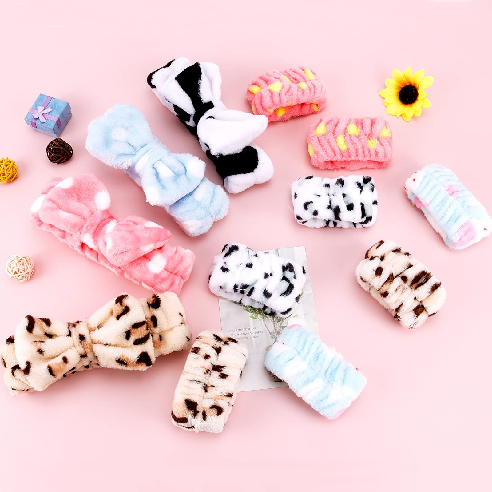 Tihebax 12Pcs Spa Headband And Wristband Set Super Cute Soft Microfiber Makeup Headband For Women Girls Elastic Bow Skincare Hea
