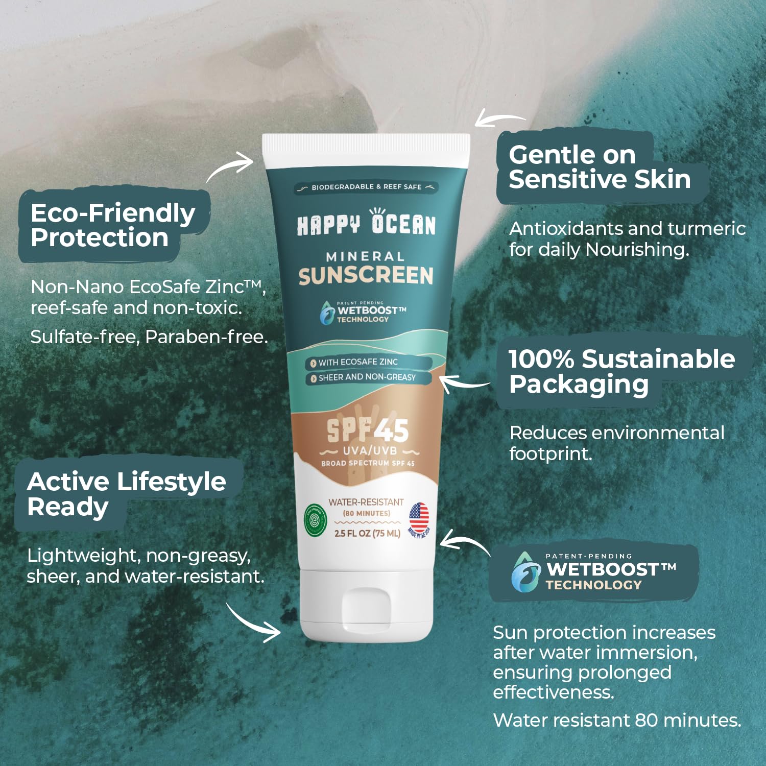 Spf 45 Biodegradable Mineral Sunscreen For Face & Body, Non Toxic Organic Sunscreen, Non Nano Zinc Oxide Sunscreen Coral Reef Sa