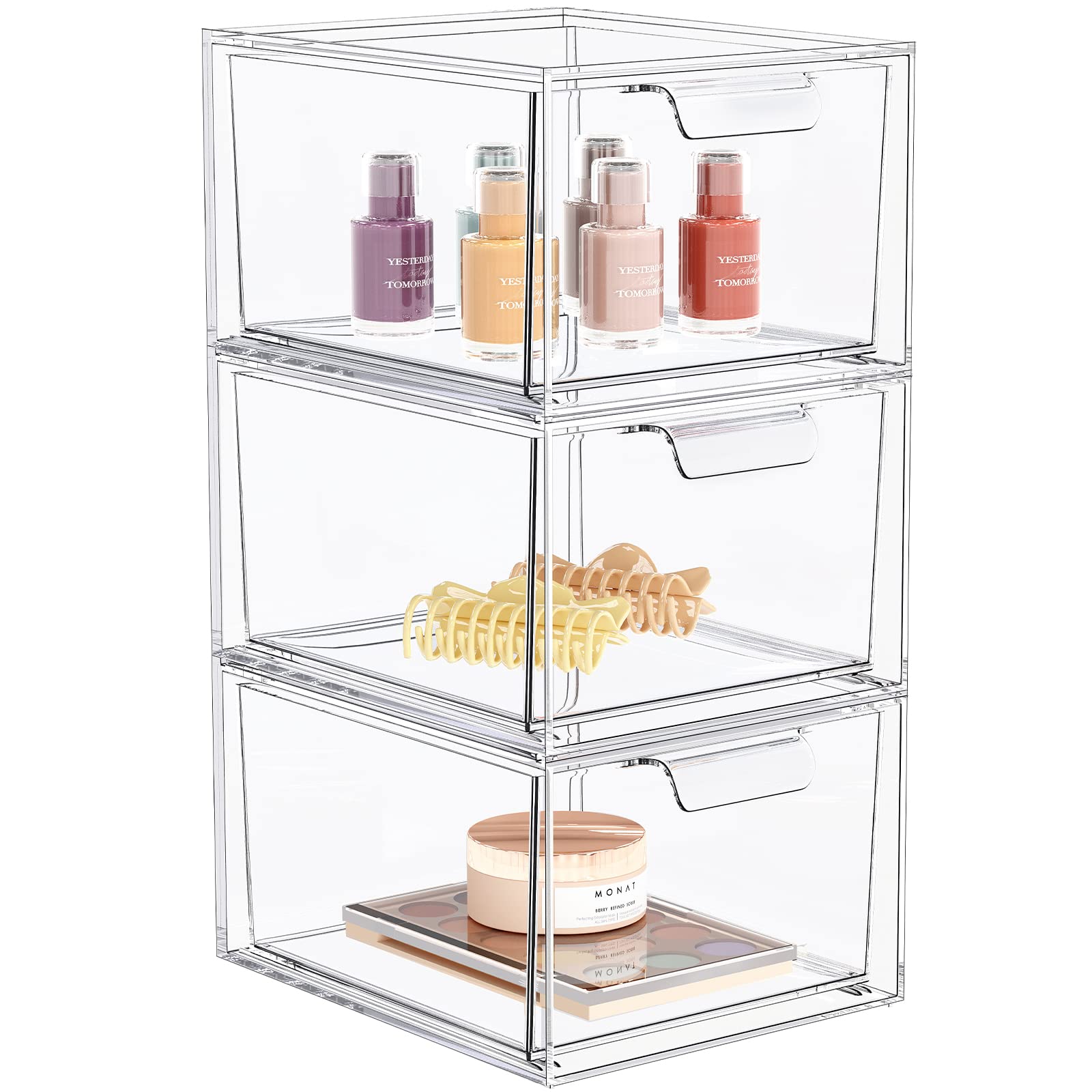 Spacehacks 3 Pack Stackable Makeup Organizer And Storage, Acrylic Organizers,Clear Plastic Storage Drawer With Handles For Vanit