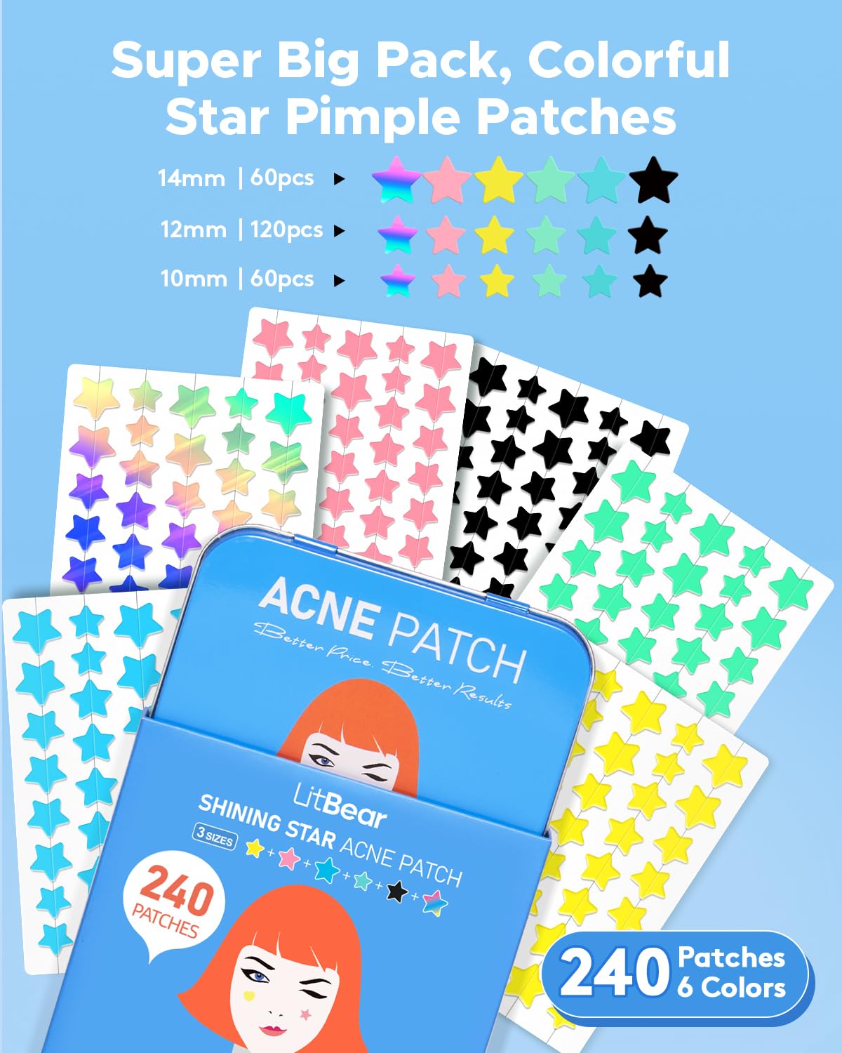 Litbear Acne Patch Pimple Patch, 6 Colors 240 Dots Star Pimple Patches With Tea Tree Oil & Centella Oil, Hydrocolloid Acne Pimpl
