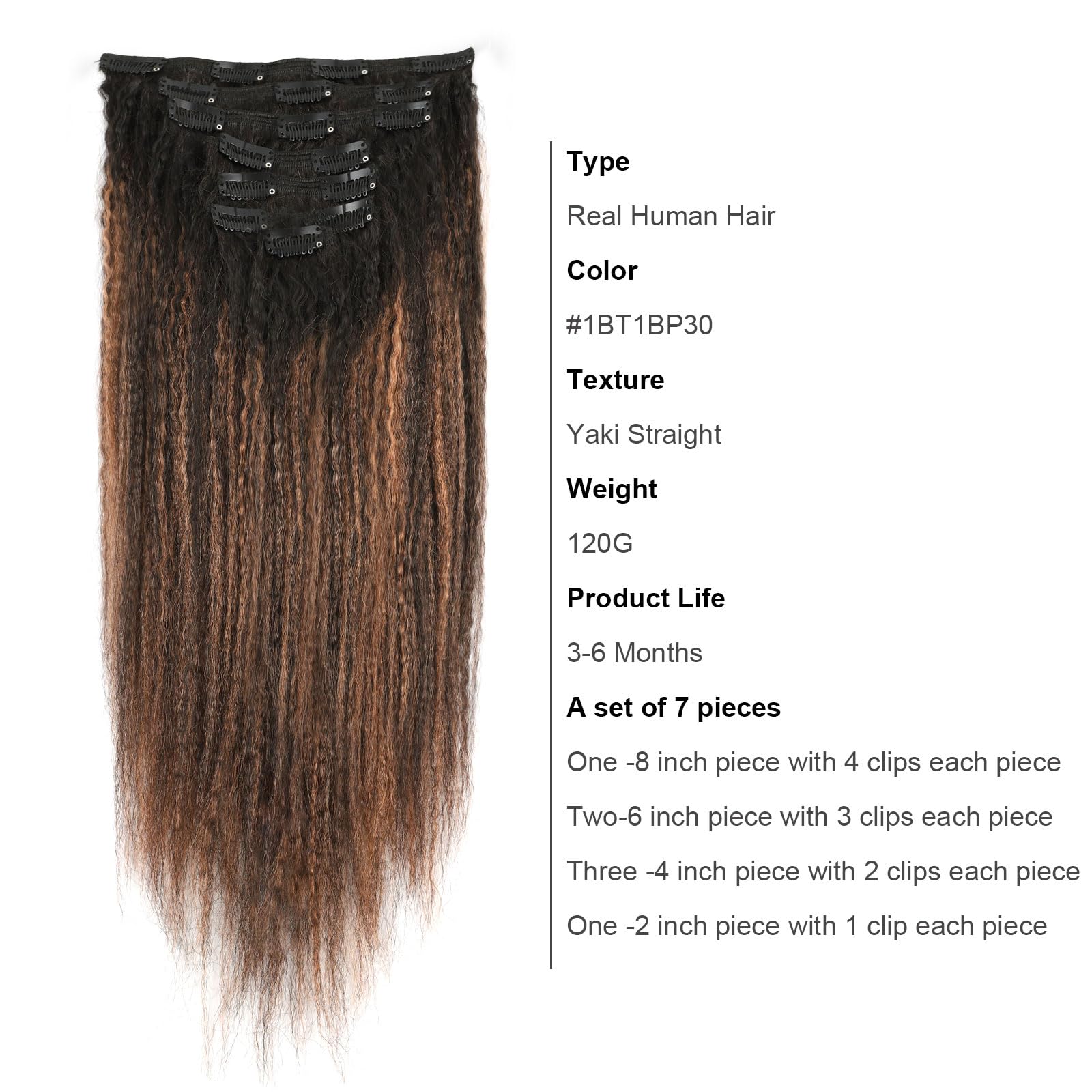 Abh Amazingbeauty Hair Kinky Straight Clip Ins Human Hair Rooted Black Piano Natural Black #1B Mixed With Light Auburn #30 Two T