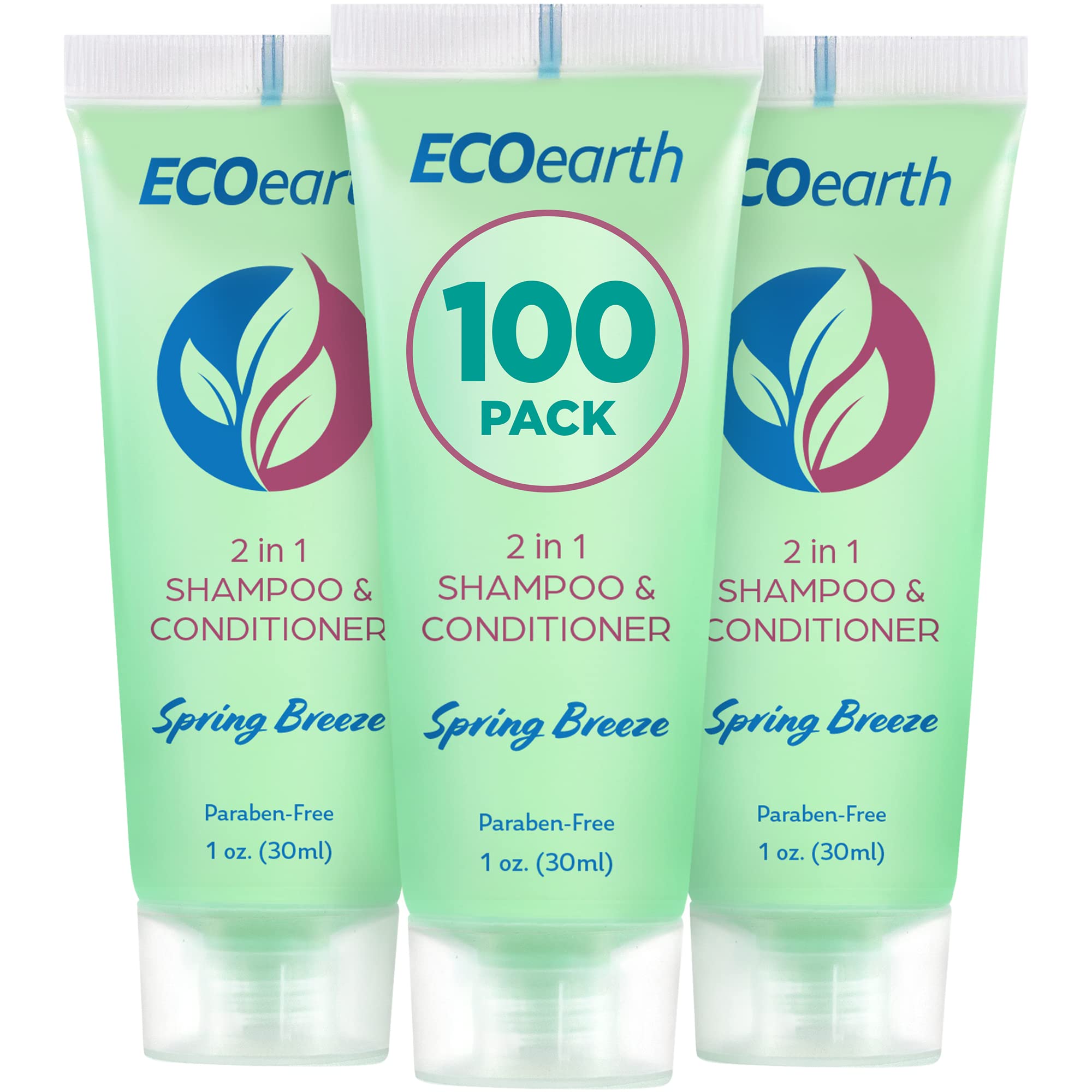 Ecoearth Travel Size Shampoo Conditioner 2-In-1 (1 Fl Oz, 100 Pk, Spring Breeze) Delight Your Guests W/Revitalizing & Refreshing