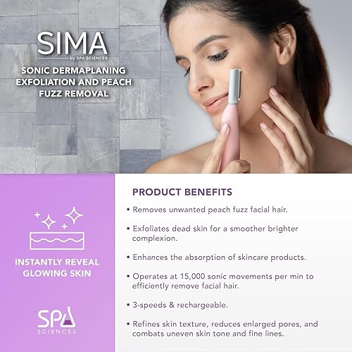 SPA SCIENCES SIMA Sonic Dermaplaning Tool - Painless Facial Exfoliation, 3 Speeds, Rechargeable, Pink, Stainless Steel, Model 860021001123