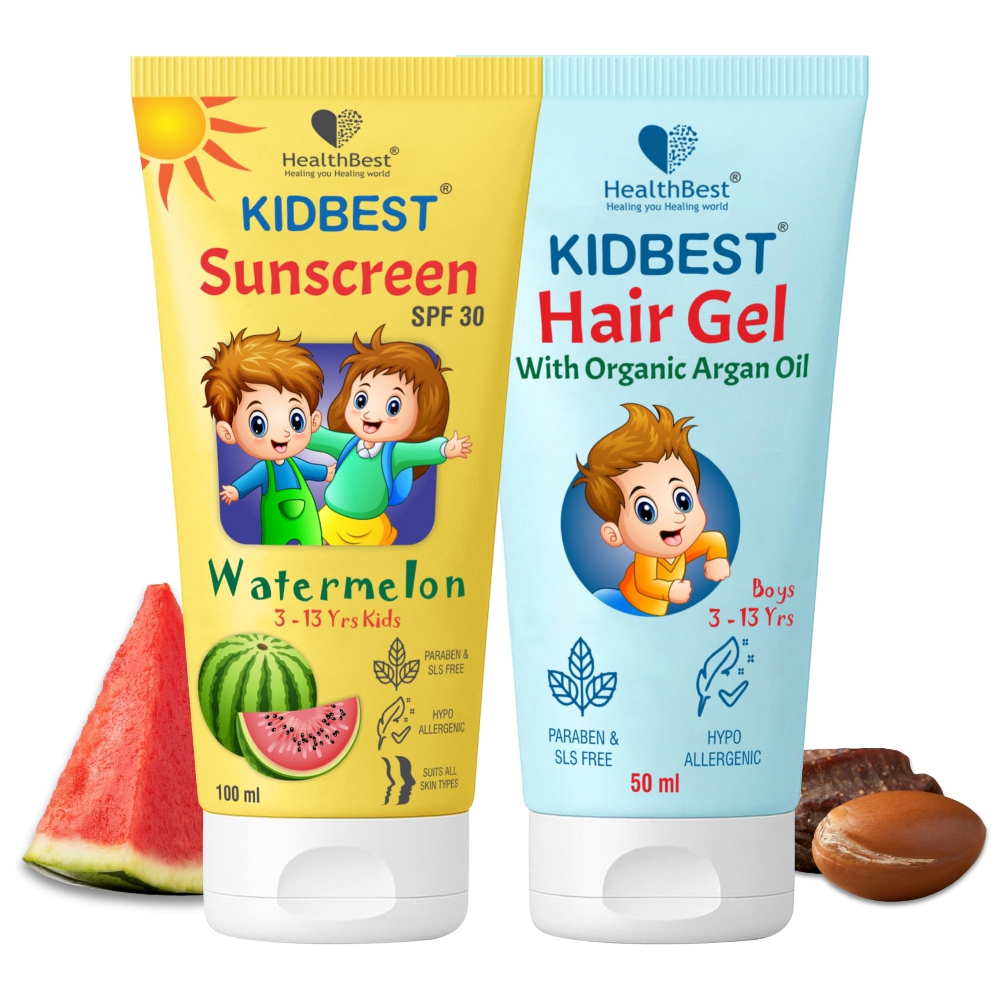 Healthbest Kids Sunscreen Spf 30 Pa+++ 100Ml & Hair Gel 50Ml Combo | Broad Spectrum Uva/Uvb Protection + Non-Sticky Hair Styling