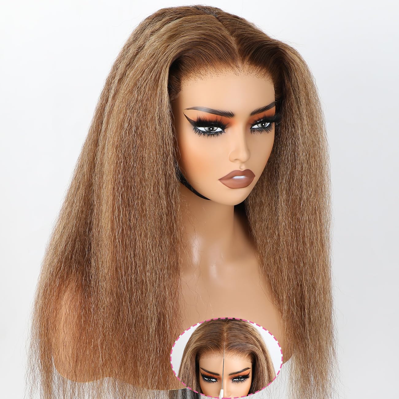 Domiso 22 Inch Highlight 4/27 Wear and Go Glueless Wig Ombre Kinky Straight HD Lace Pre Cut 6x4.6 HD Lace Wigs Human Hair for Wo
