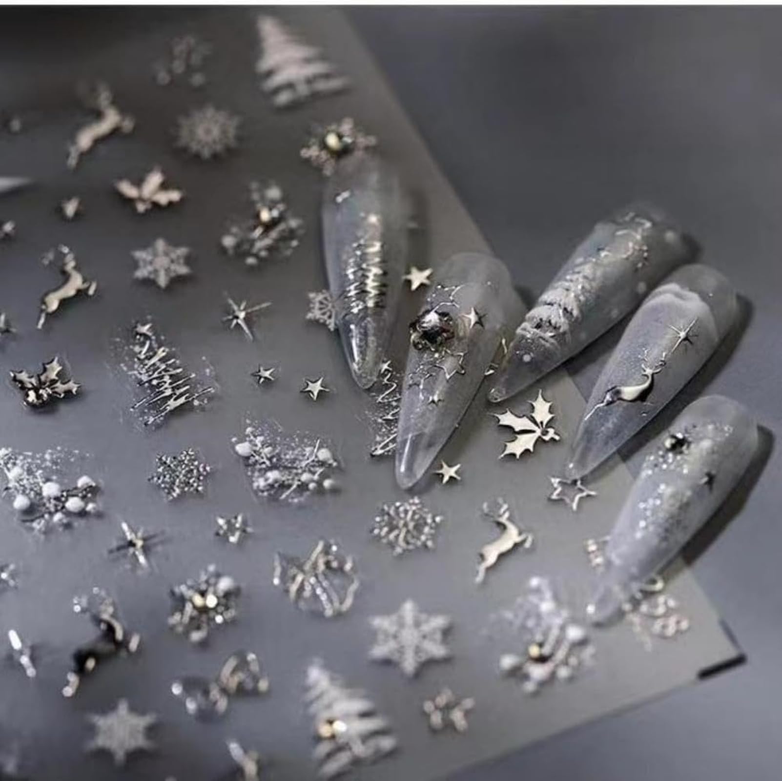 Christmas Nail Art Stickers 5D Embossed Silver Elk Nail Stickers Self-Adhesive Rhinestone Snowflake Bow Xmas Tree Star Elk Nail 