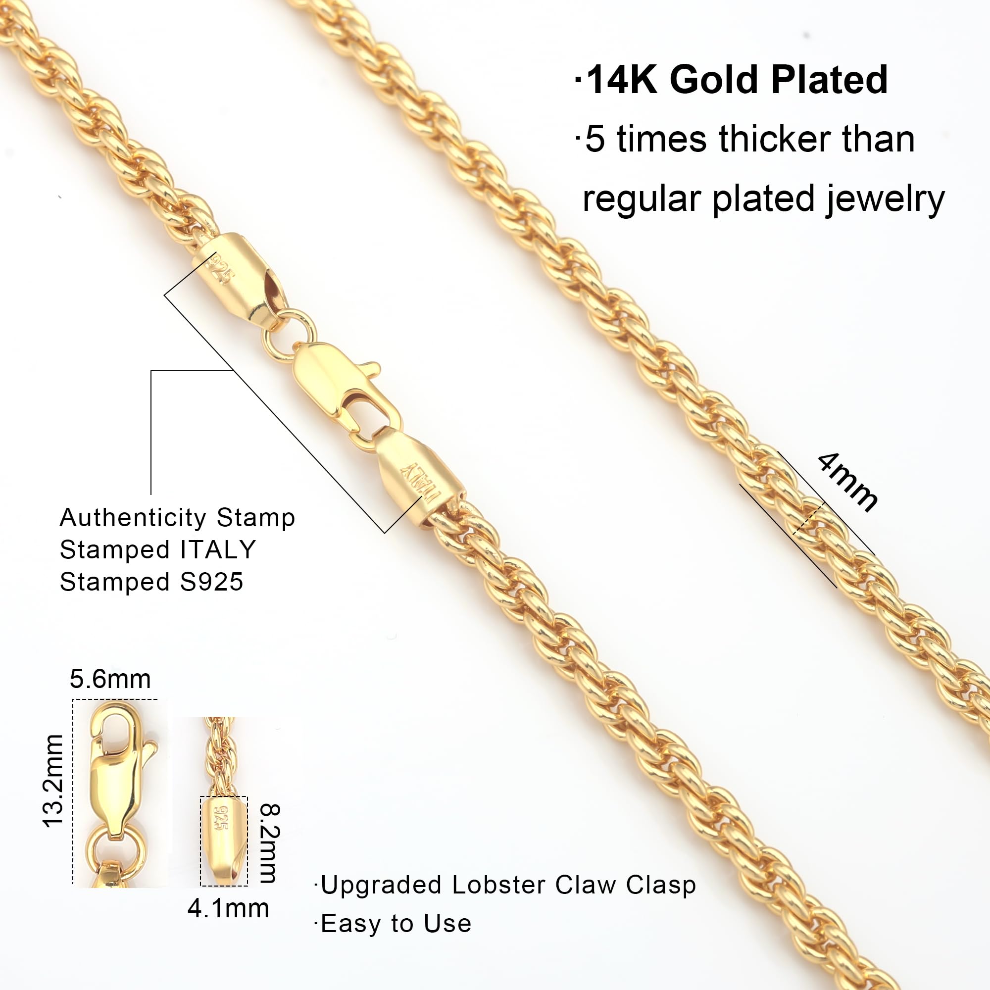 Waitsoul 925 Sterling Silver Rope Chain Lobster Clasp 4mm 18k Gold Chain Necklace for Men Women Necklace Chain 26 Inch