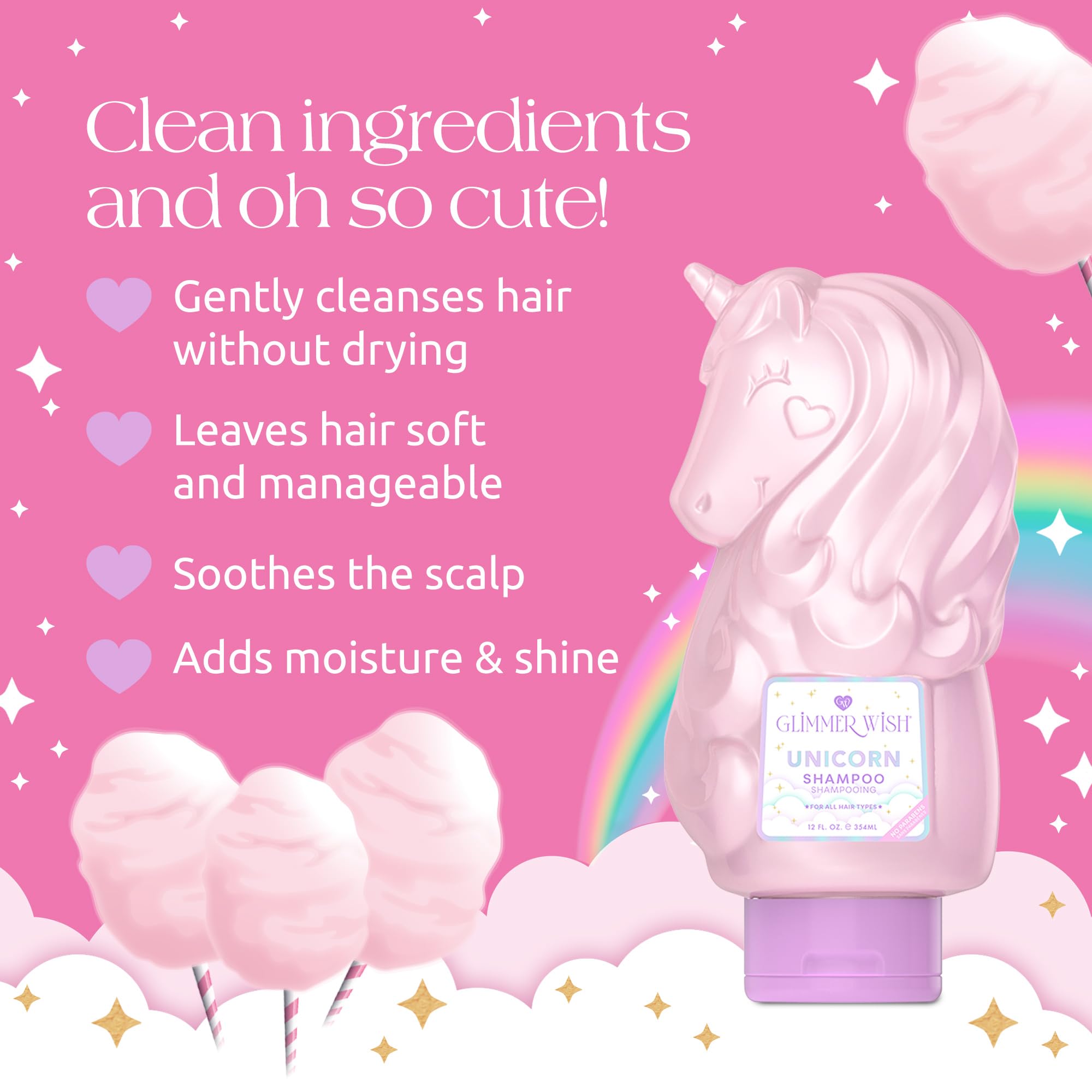 Glimmer Wish Unicorn Kids Shampoo, Paraben and Sulfate Free Shampoo for Soft and Manageable Hair, Kids Hair Care, Cotton Candy S