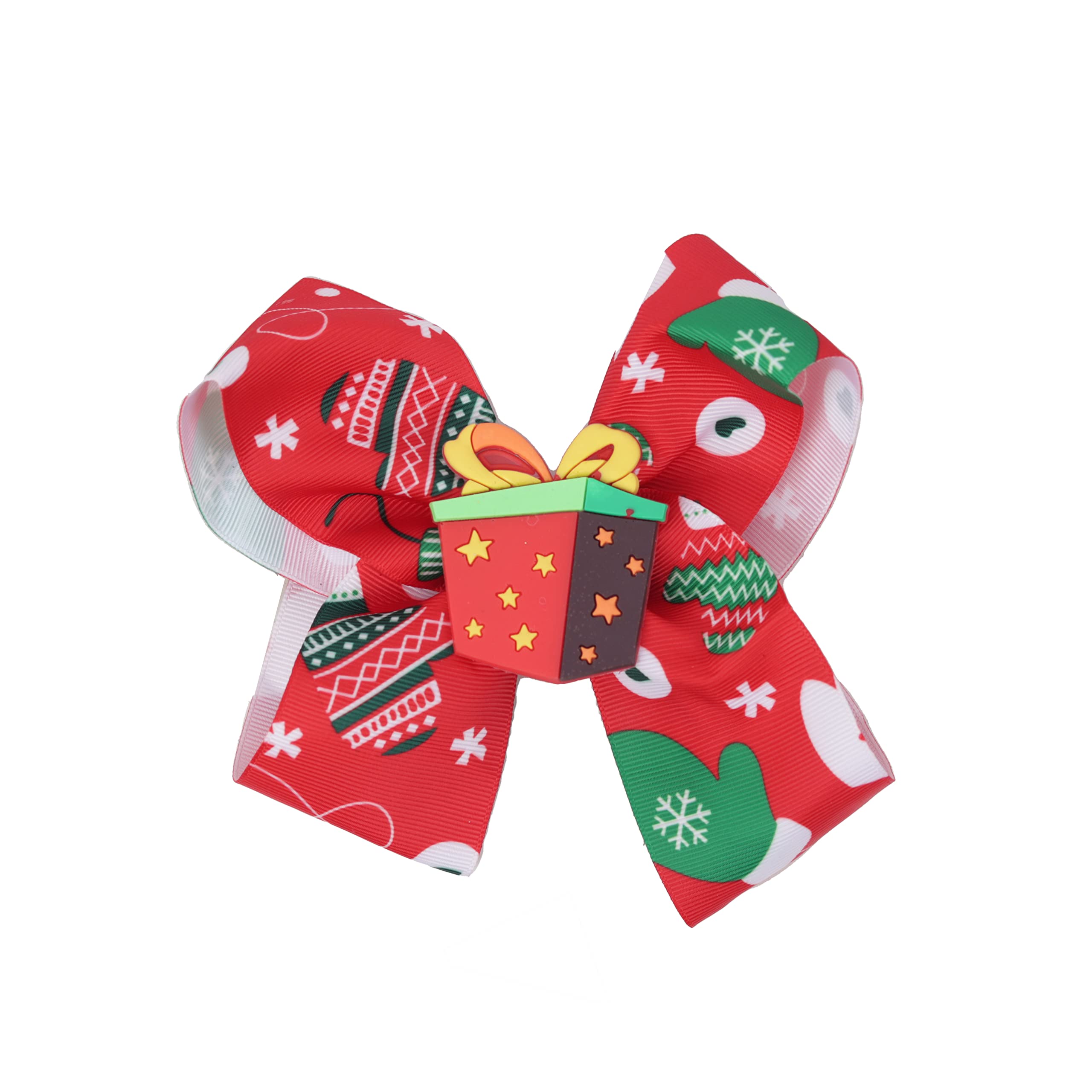 Girls 6 inch Wide Hair Bow Printed Christmas Bow with Silicone Charm - Red Gift