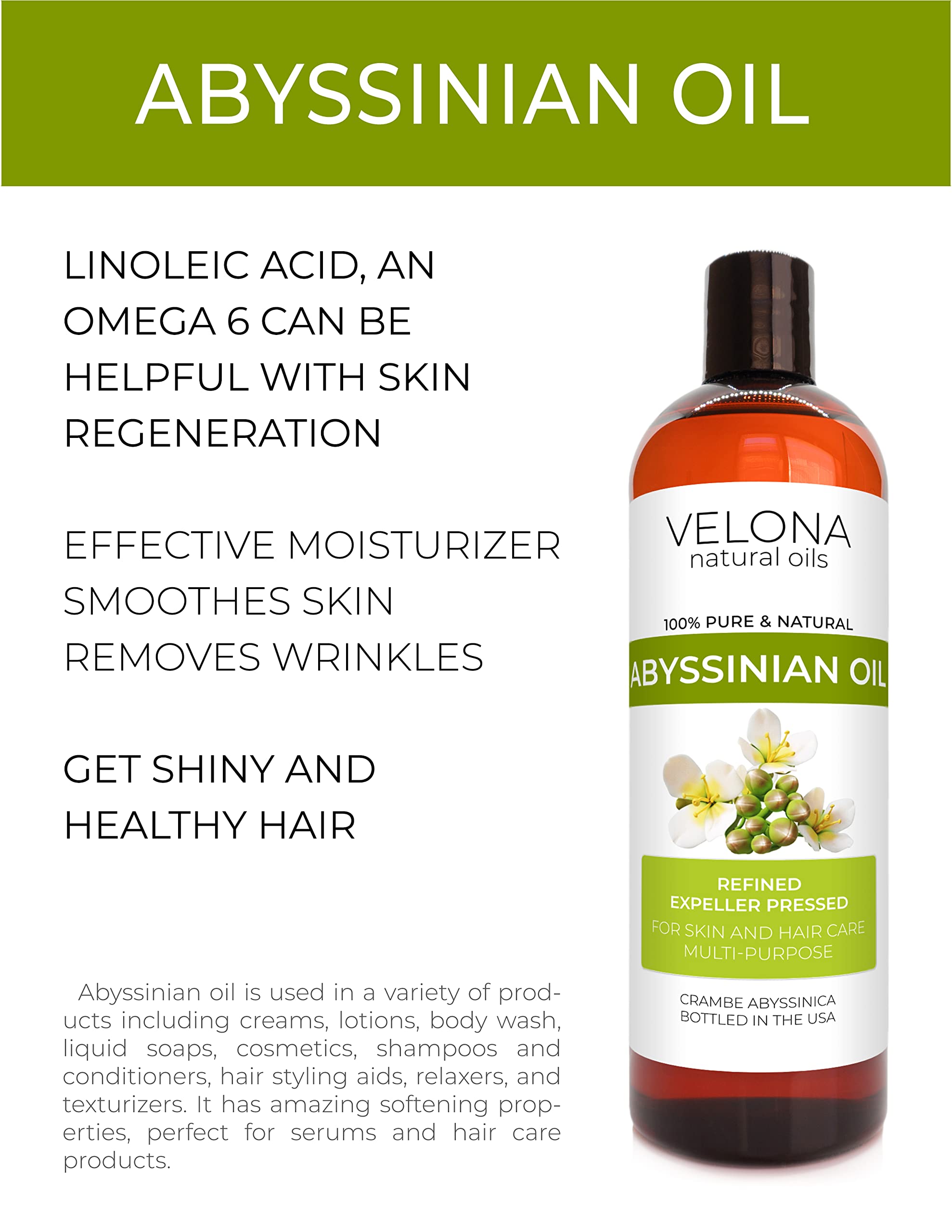 velona Abyssinian Oil 8 oz | 100% Pure and Natural Carrier Oil | Cold Pressed | Hair, Body Care | Use Today - Enjoy Results