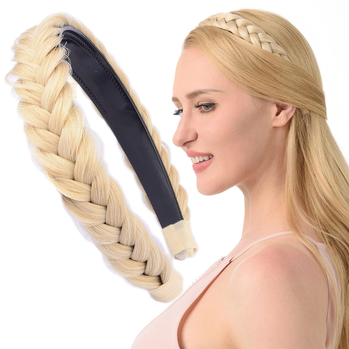 DIGUAN Headband Synthetic Hair Plaited Headband Braid Braided With Teeth Hair Band Accessories for Women Girl Width 1 Inch (Ligh