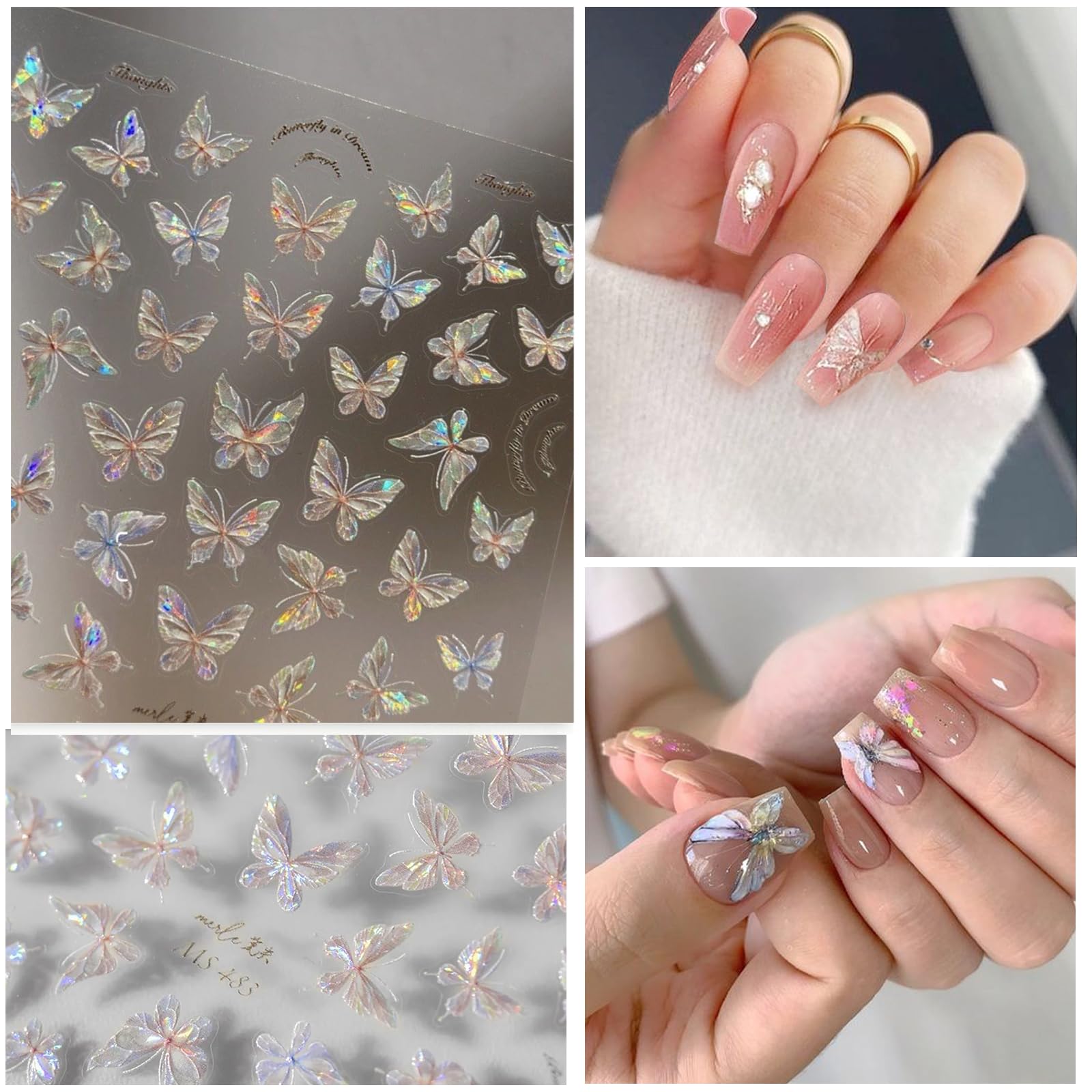 3 Sheets Butterfly Nail Stickers For Nail Art 5D Embossed Aurora Nail Decals Spring Pink Shell Butterfly Nail Supplies Accessori