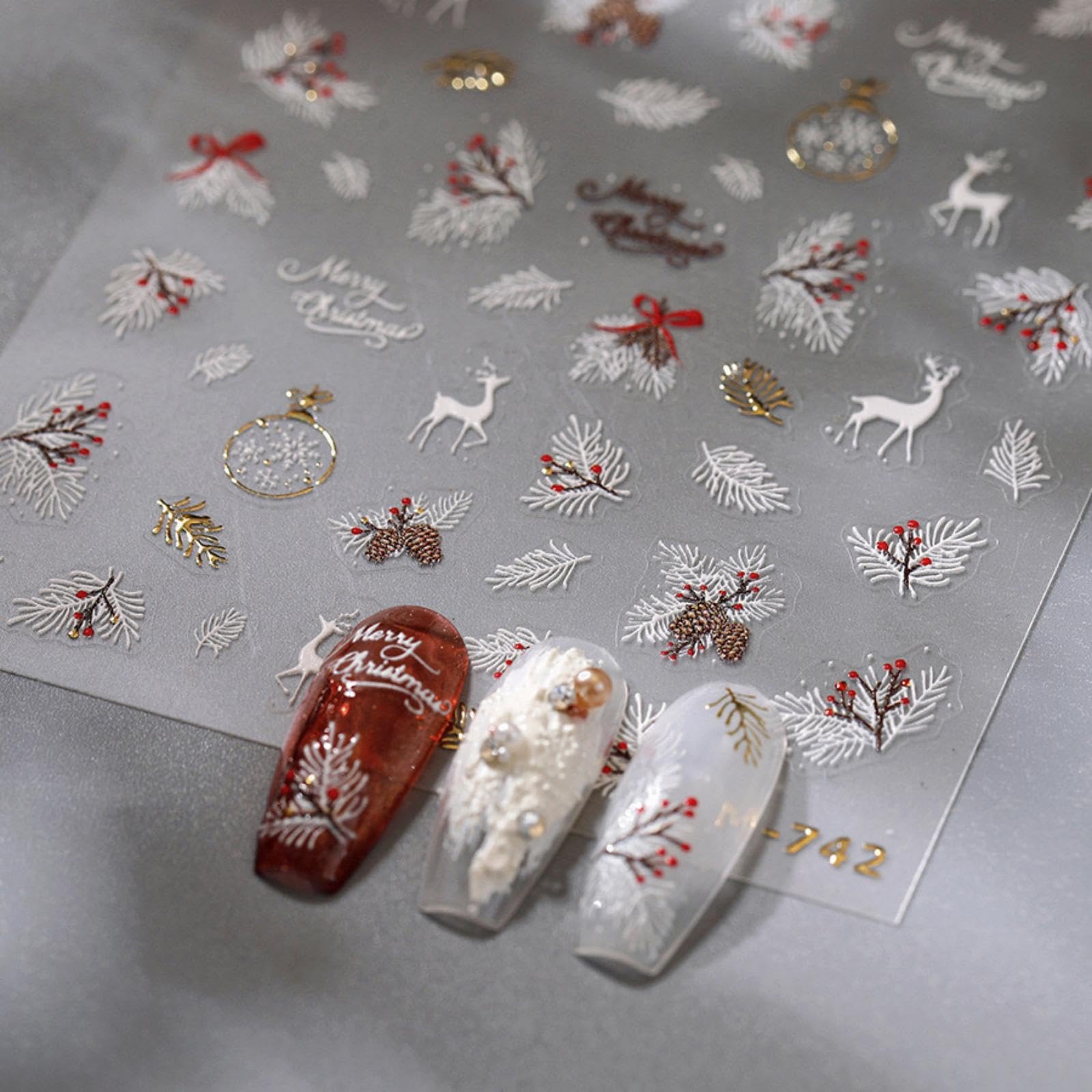 Christmas Nail Art Stickers 5D Embossed Elk Nail Stickers Cute Self-Adhesive Snowflake Feather Leaf Xmas Nail Decals Decoration