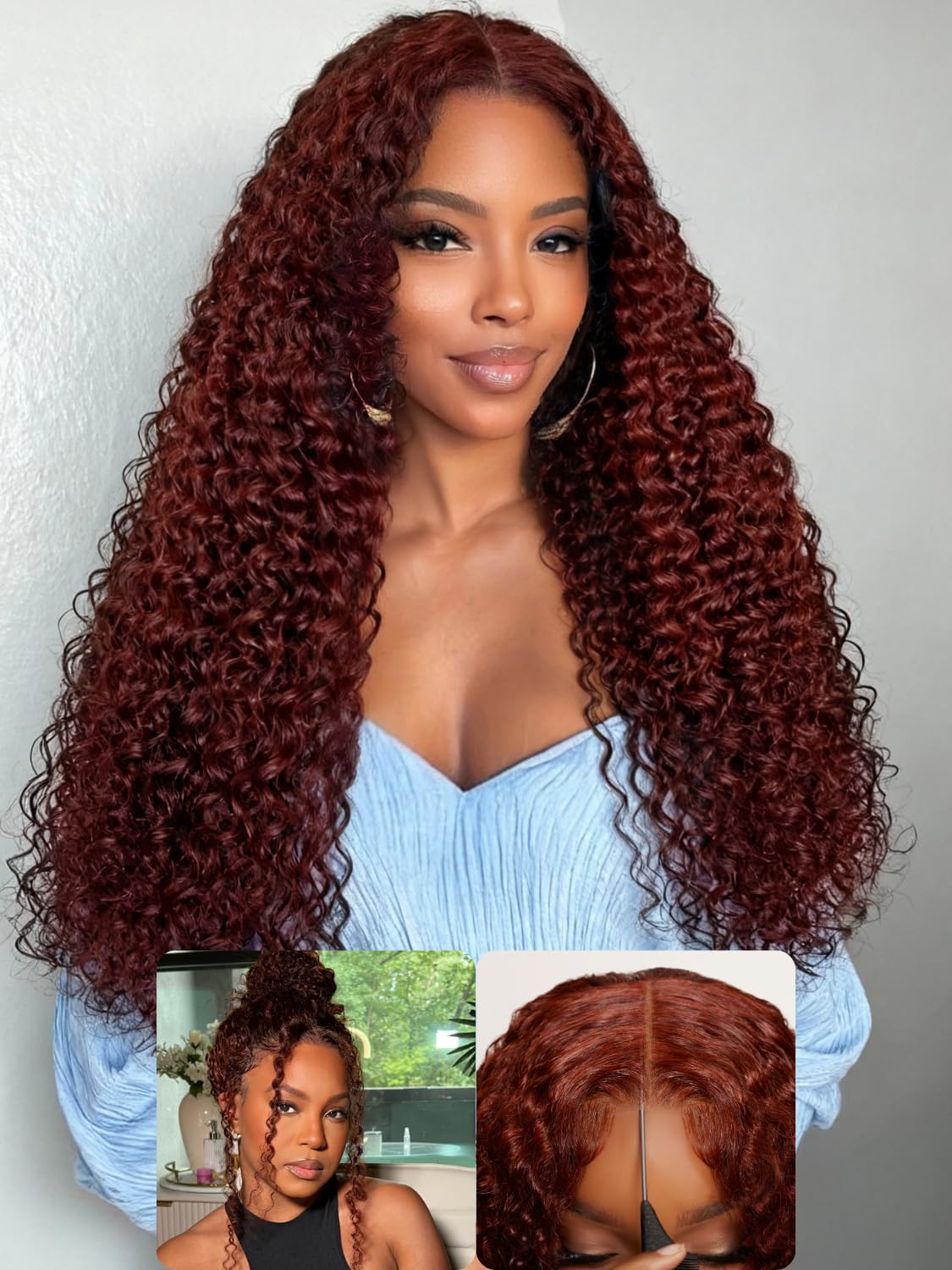 Nadula Bye Bye Knots Reddish Brown Curly Drawstring Wig Human Hair, Glueless Pre Cut 7x5 HD Lace Front Wigs Pre Plucked Natural 
