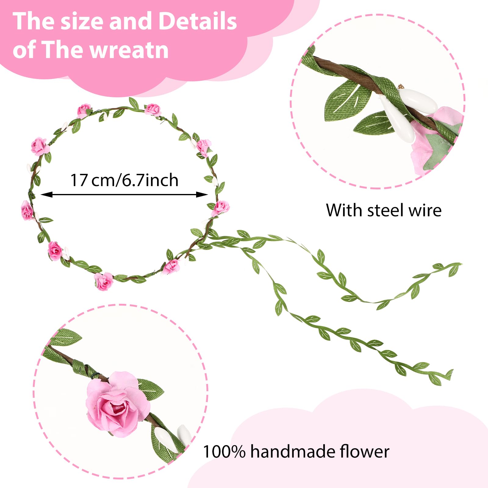 MAQUITA 16Pcs Assorted Colored Flower Crown Wreath Flower Crowns for Women Girl Headband Floral Garland Headbands Floral Crown H
