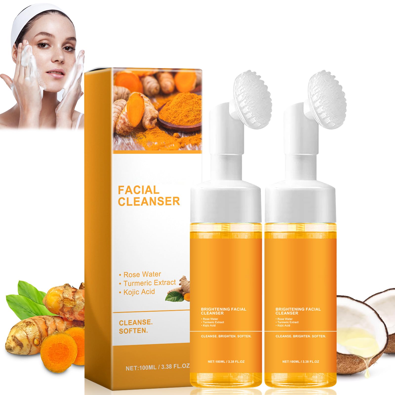 Grenben 2PCS Turmeric Facial Cleanser, Turmeric Facial Wash, Foaming Face Wash, Turmeric Acid Foaming Cleanser, Deep Cleansing o