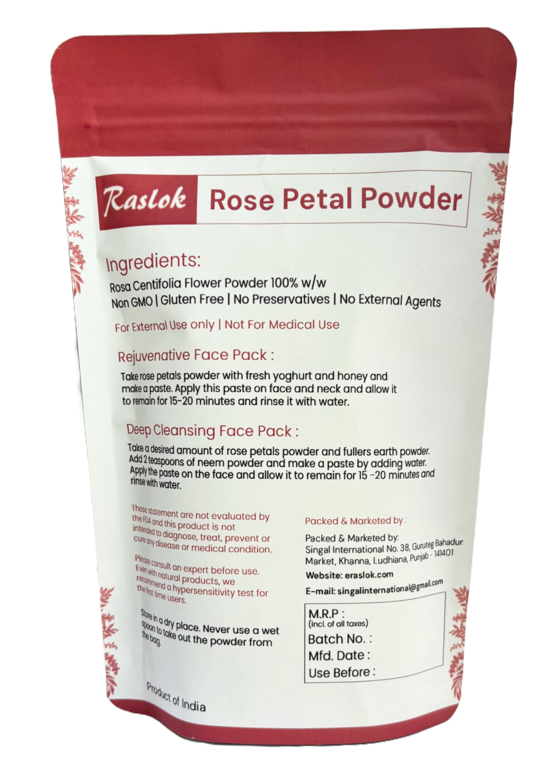 Raslok Rose Petal Powder | 100% Natural And Pure Skin Care | Face Packs & Facial Mask (3.52 Oz)
