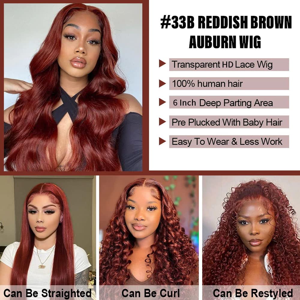 30 Inch 12A Reddish Brown Lace Front Wigs Human Hair 13X6 Hd Body Wave Frontal Wigs For Black Women 180 Density Copper Red Gluel