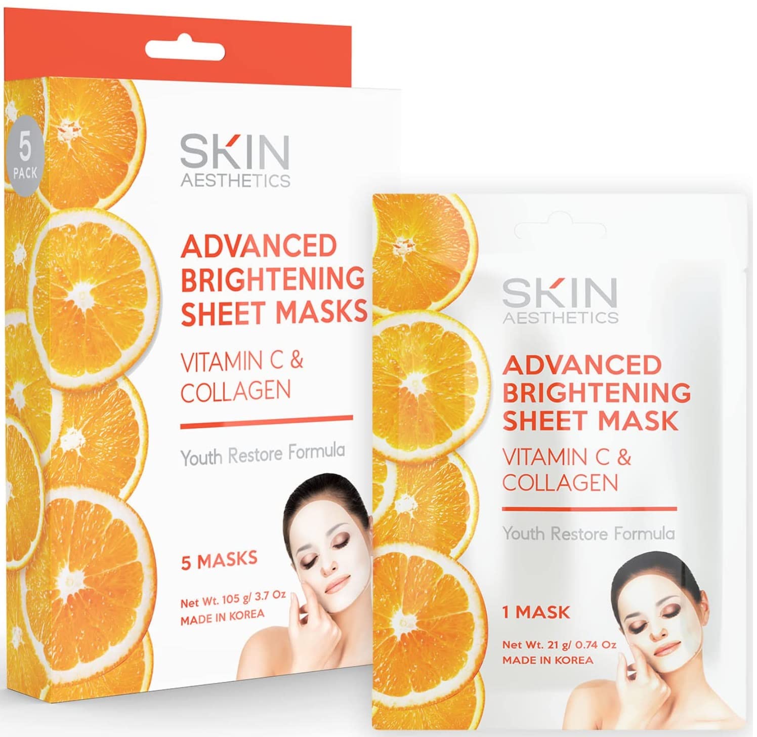 Skin Aesthetics Vitamin C & Collagen Sheet Face Mask - Reduce Wrinkles & Age Spots, Moisturizes, Hydrating & Advanced Brightenin