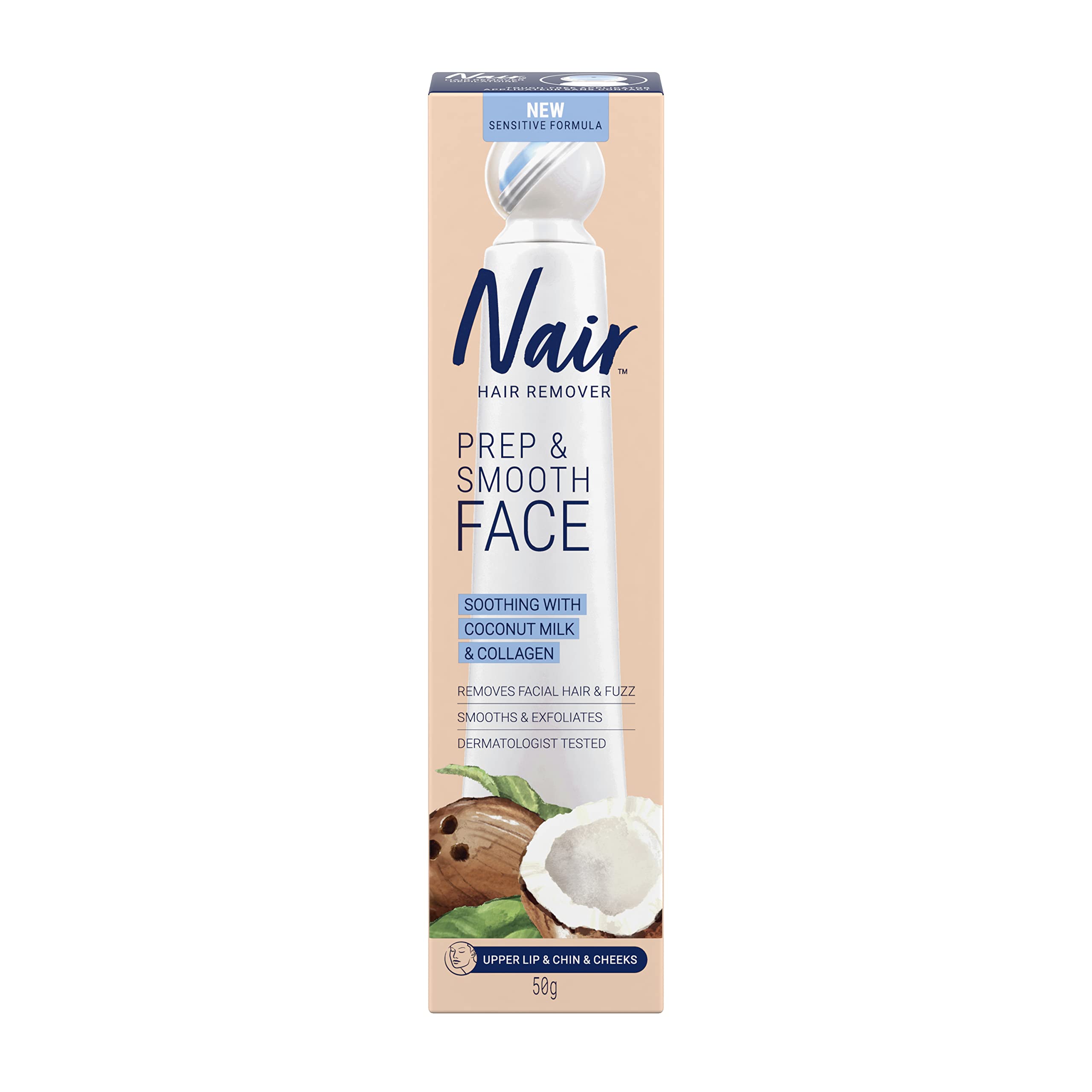 Nair Sensitive Formula Prep & Smooth Face Hair Remover, Soothing with Coconut Milk & Collagen, Removes Facial Hair & Fuzz, Smoot
