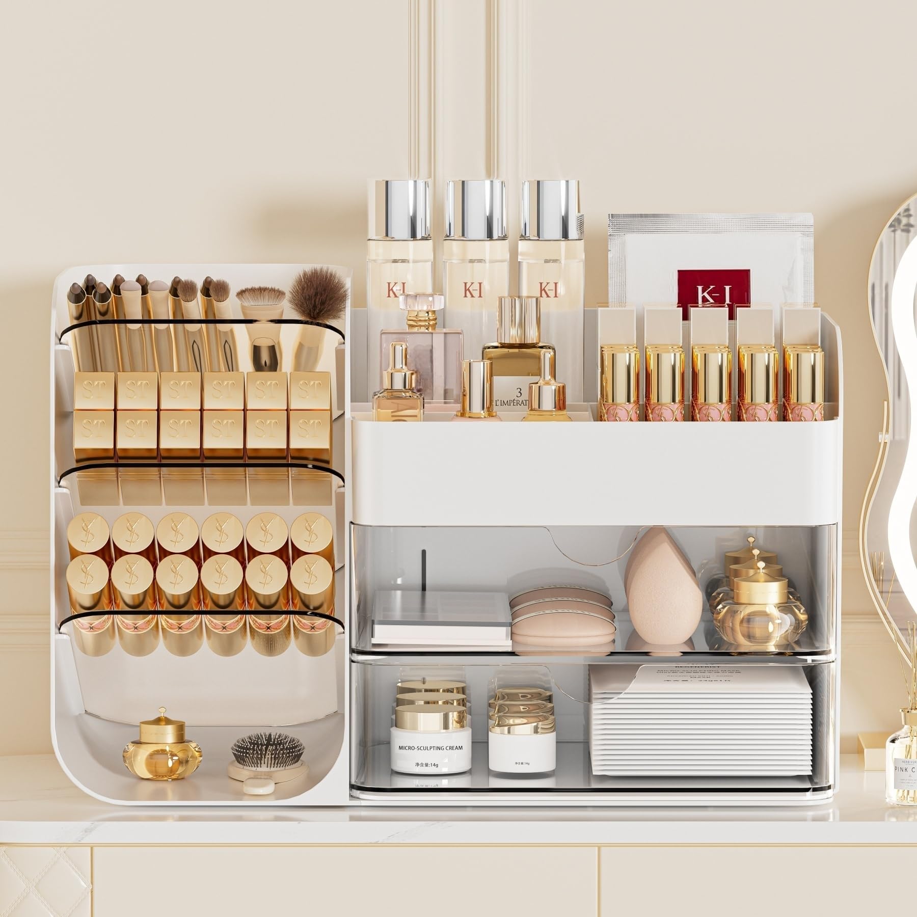 Makeup Organizer with Brush Holder for Vanity,Countertop Makeup Organizer with Drawers,Spacious Cosmetic Display Case,Perfect St