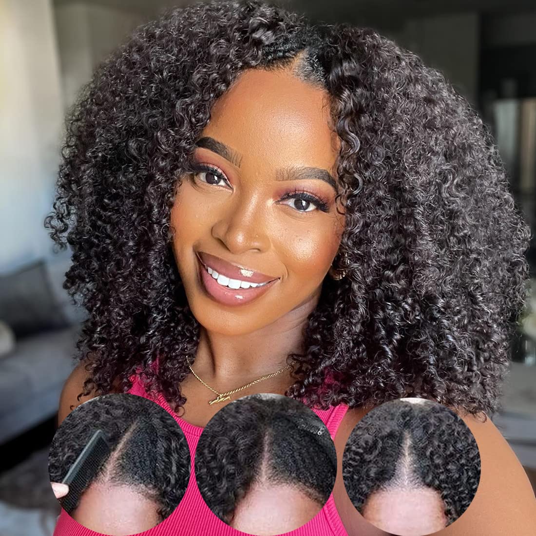 Nadula Kinky Curly V Part Wig 16 Inch Human Hair Glueless 150% Density for Women