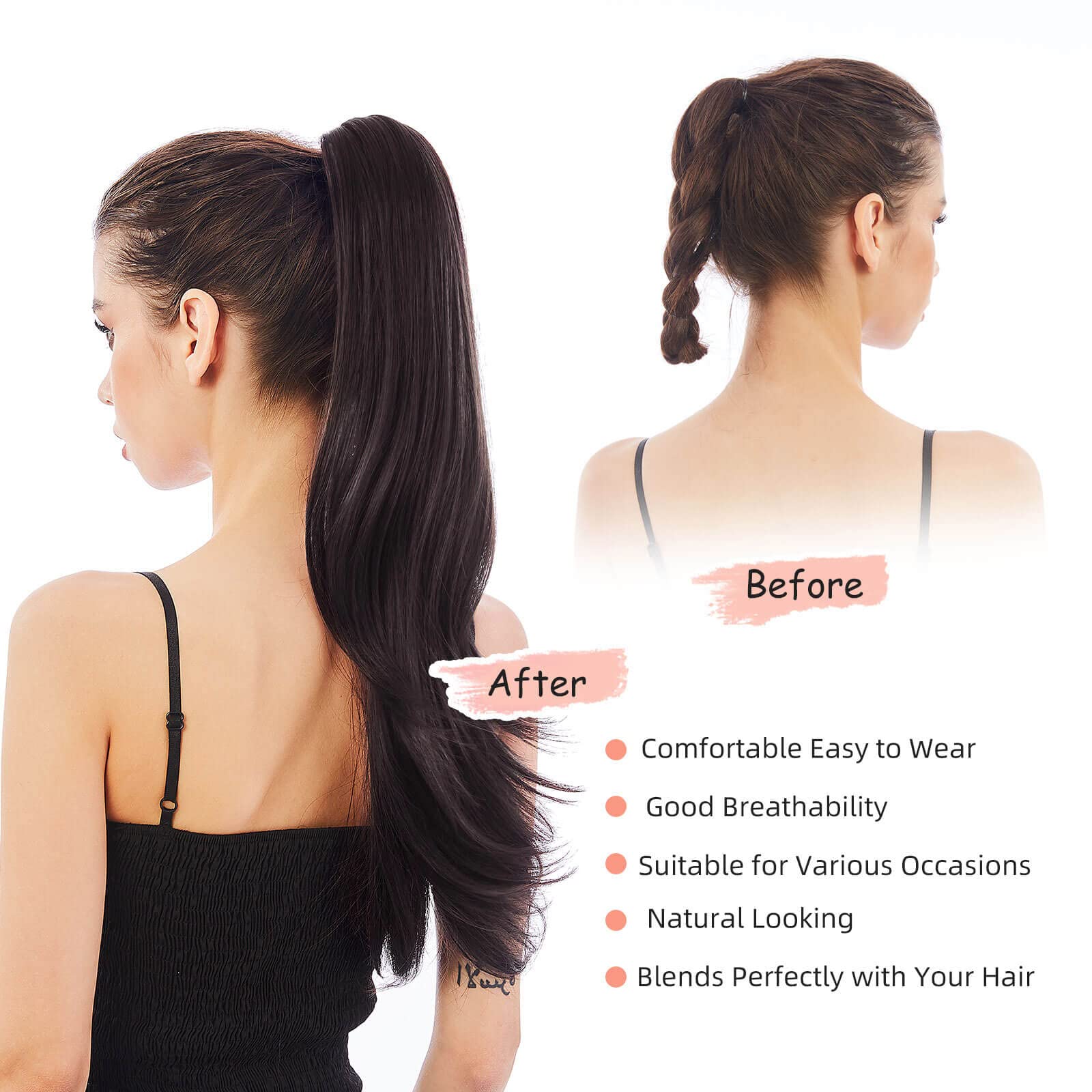 Heweicsy Ponytail Extension,Brown Hair Extension Ponytail 22'' Long Claw Hair Extension Synthetic Wavy Straight Hairpieces Ponyt